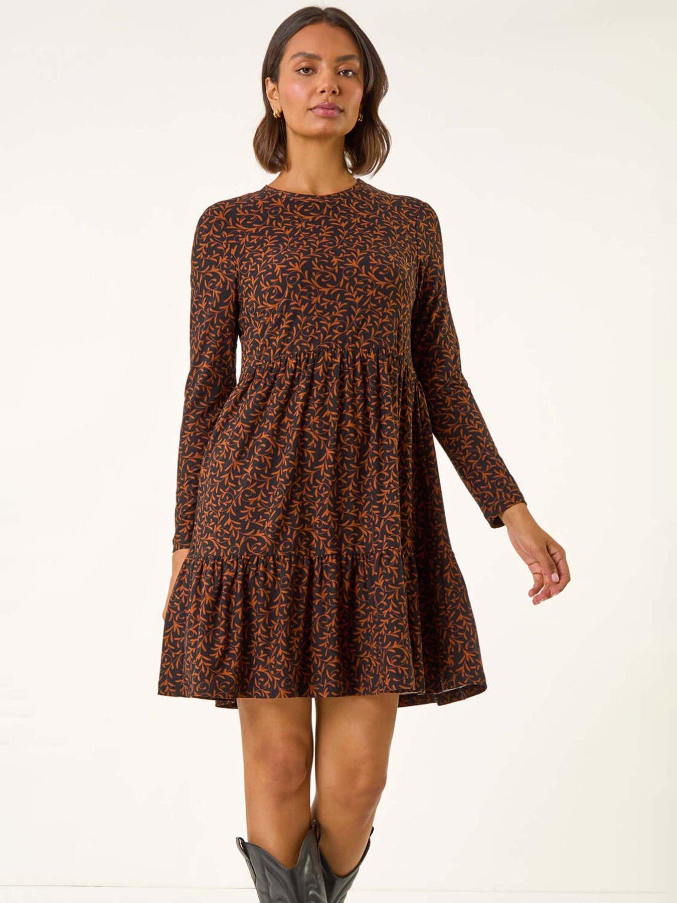 Image 3 of 5 of Roman Leaf Print Stretch Dress - Rust