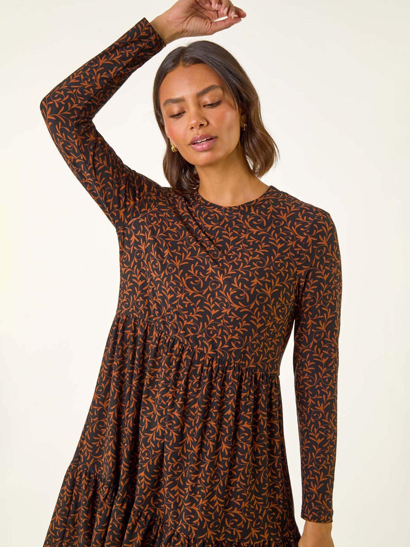Image 4 of 5 of Roman Leaf Print Stretch Dress - Rust