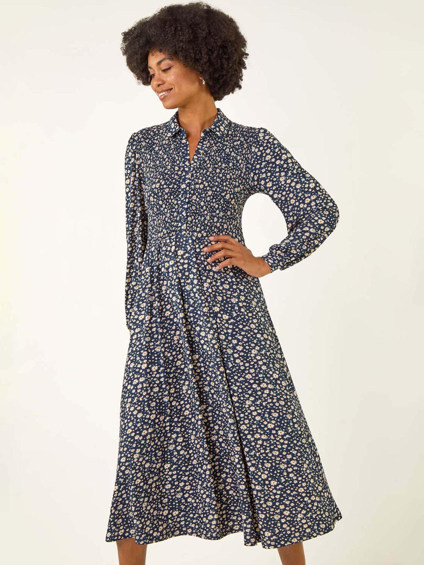 undefined Ditsy Floral Print Shirred Midi Dress - Navy