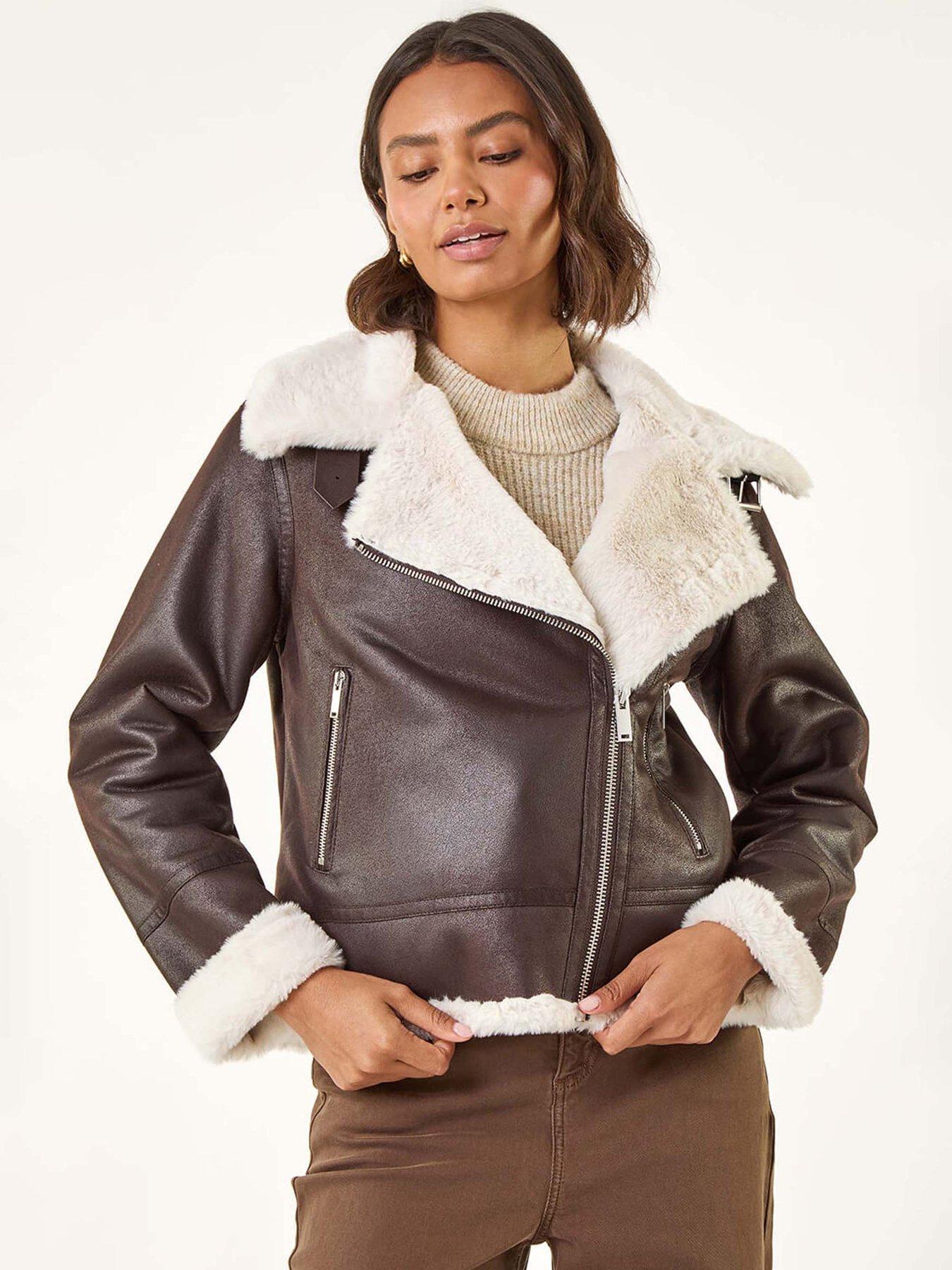 Roman Contrast Aviator Fur Coat - Brown