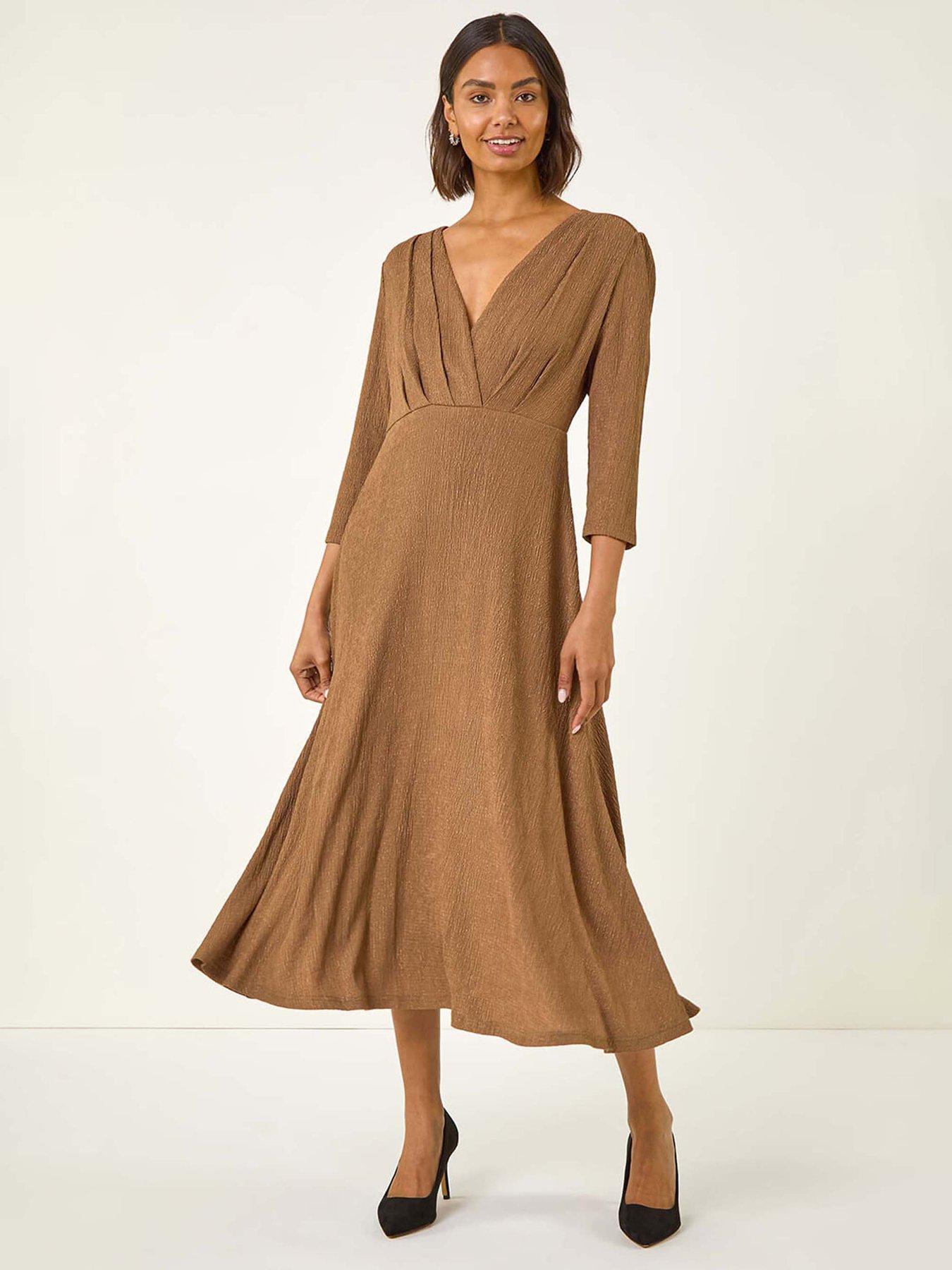Roman Textured Wrap Midi Dress - Taupe