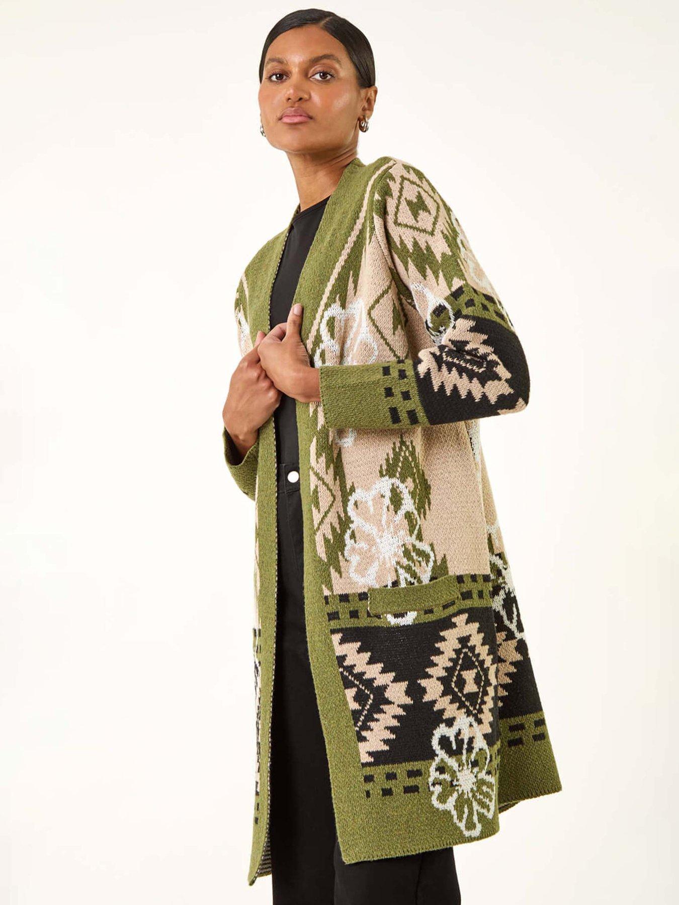 undefined Abstract Jacquard Hooded Cardigan - Olive