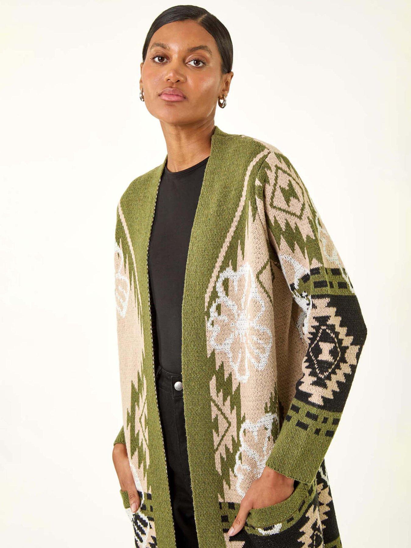 Image 4 of 5 of Roman Abstract Jacquard Hooded Cardigan - Olive