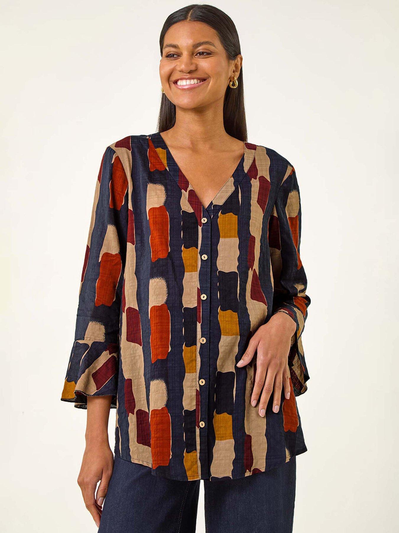 Roman Abstract Print Buttoned Blouse - Navy