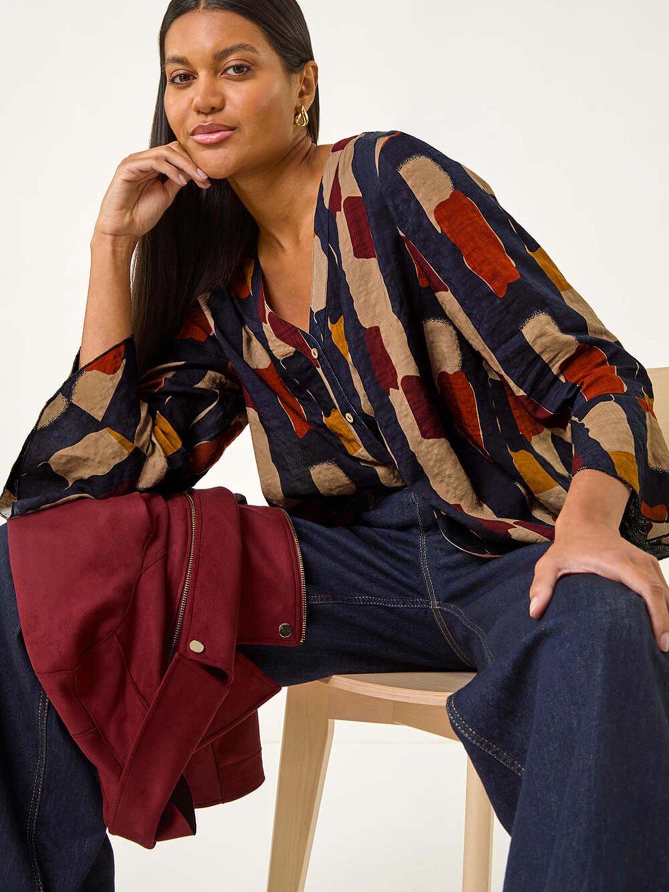  image of roman-abstract-print-buttoned-blouse-navy