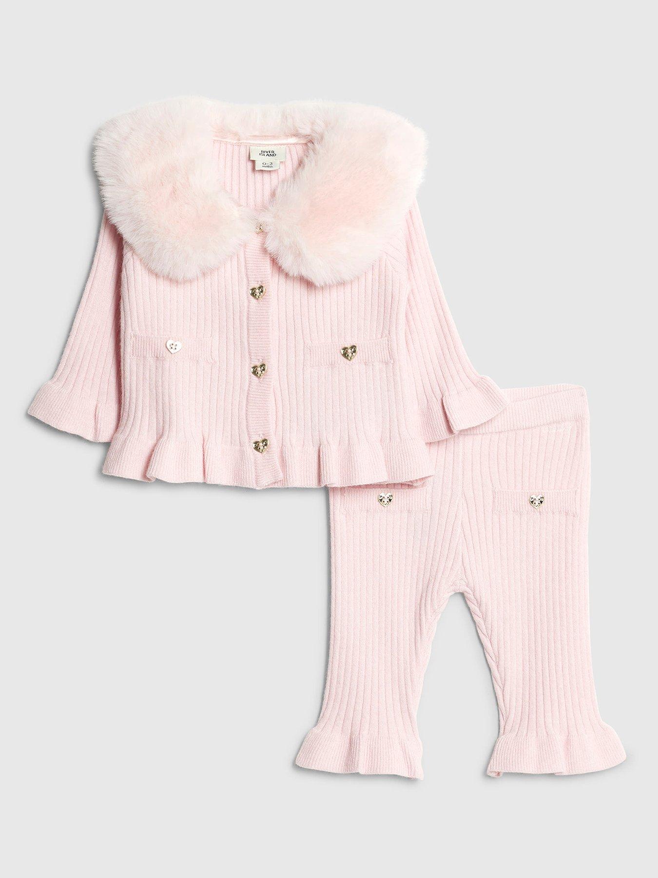 Image 1 of 4 of River Island Baby Girls Heart Fur Collared Cardigan Set - Pink