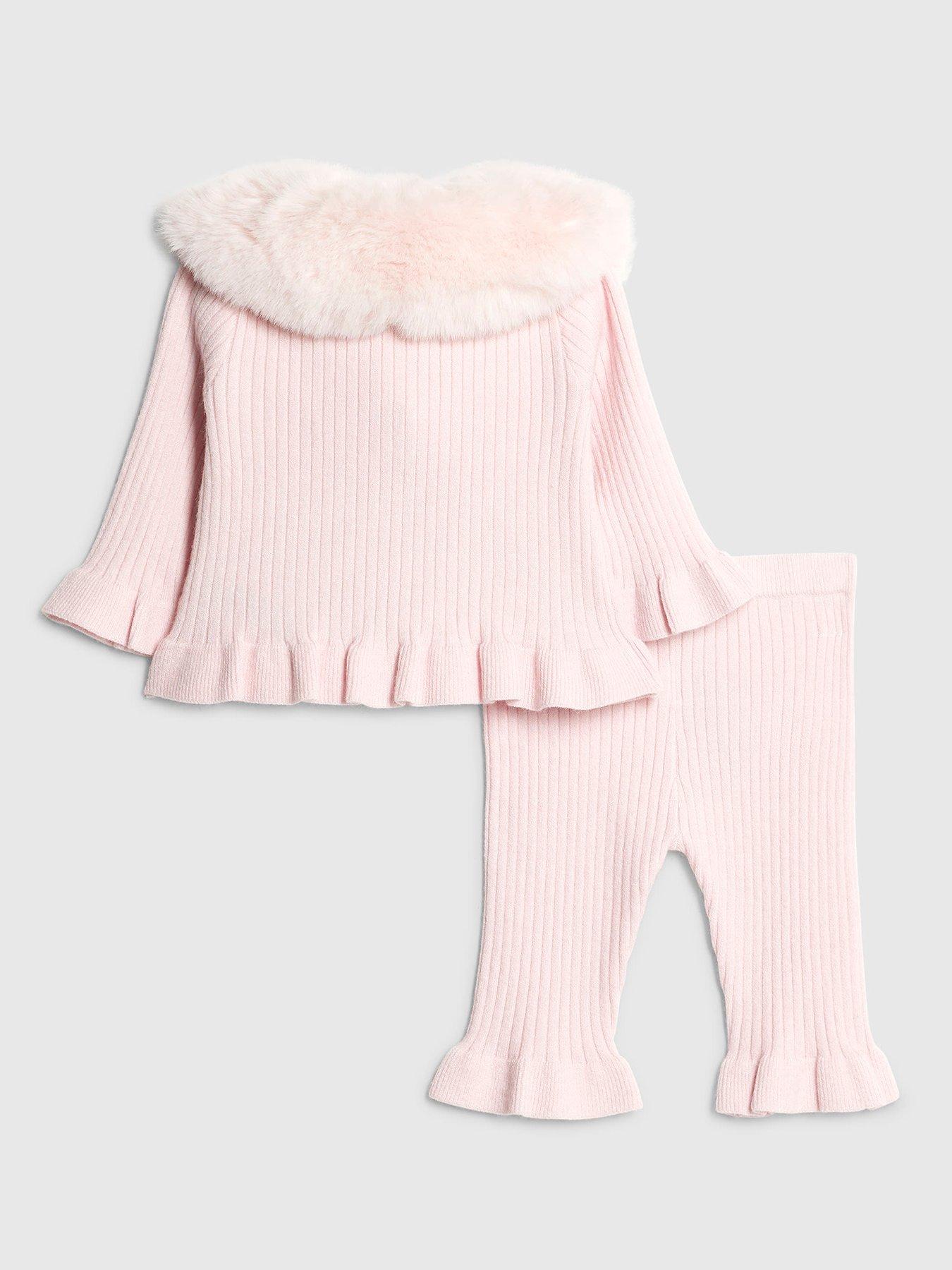 Image 2 of 4 of River Island Baby Girls Heart Fur Collared Cardigan Set - Pink