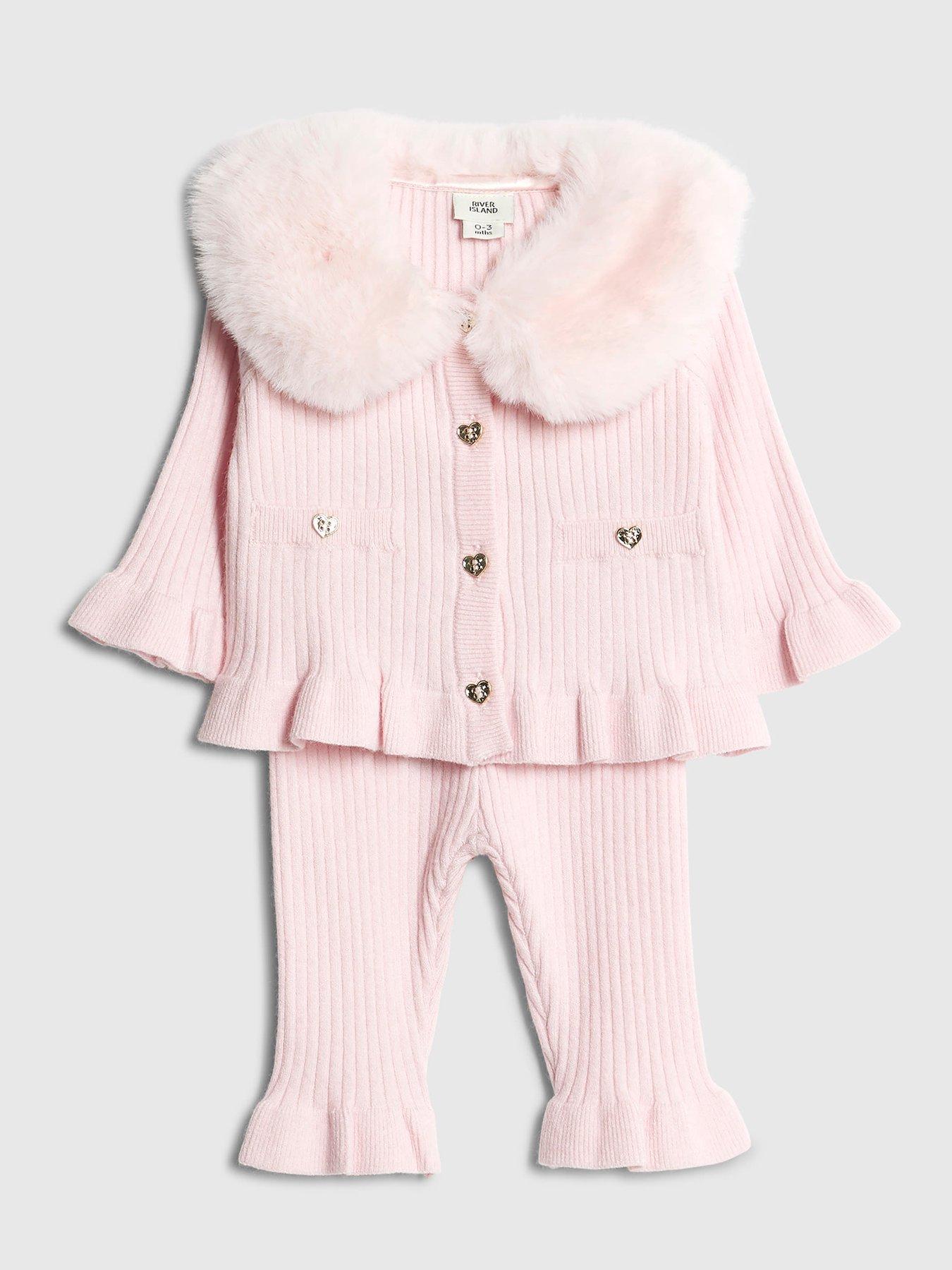 Image 3 of 4 of River Island Baby Girls Heart Fur Collared Cardigan Set - Pink