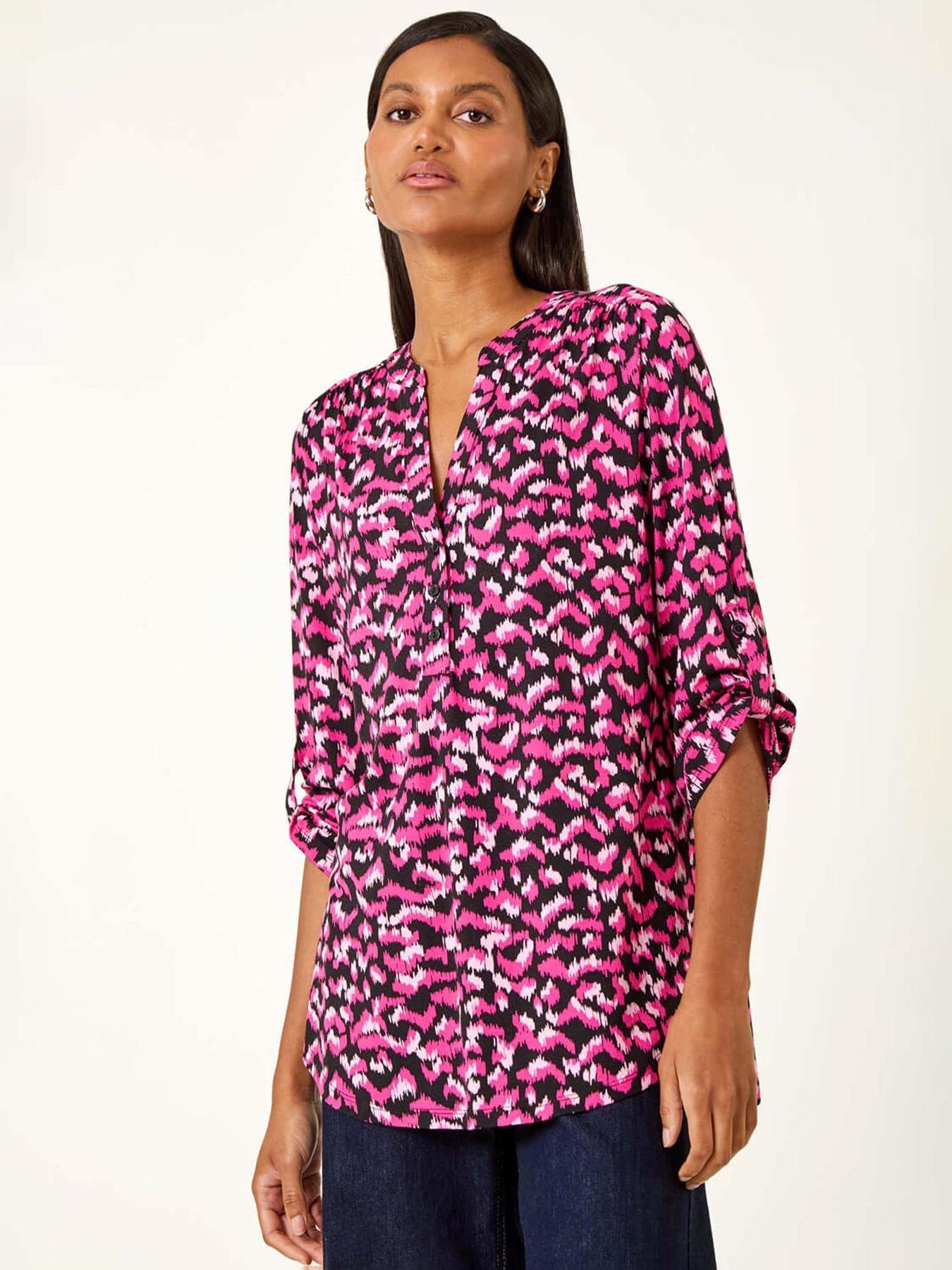 undefined Abstract Print Pintuck Tunic Top - Pink