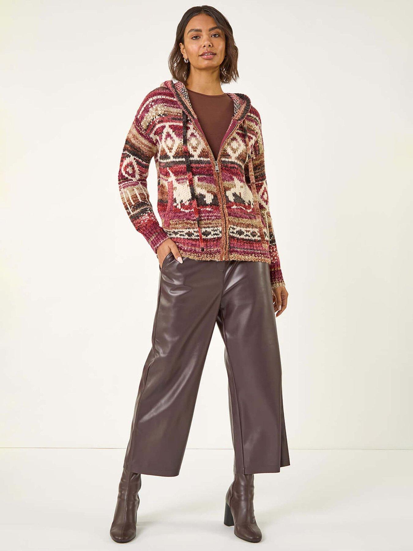 undefined Jacquard Zip Hooded Cardigan - Burgundy