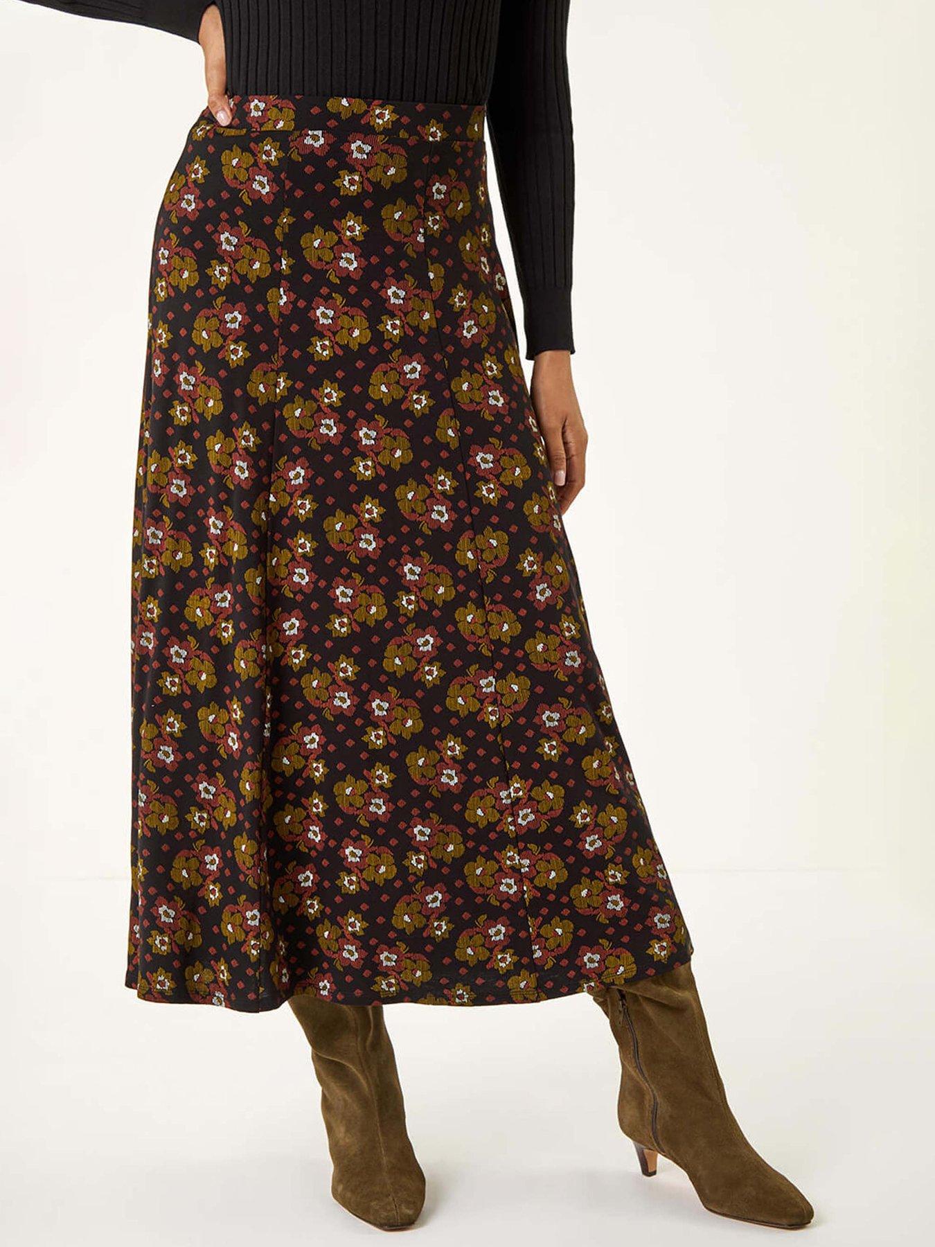 Image 1 of 5 of Roman Floral Print Stretch Midi Skirt  - Black