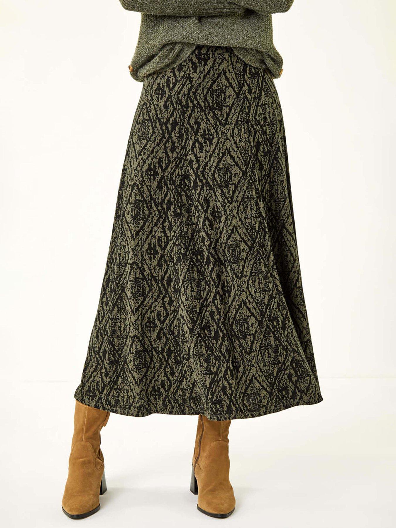 Image 1 of 5 of Roman Abstract Diamond Print Midi Skirt - Khaki