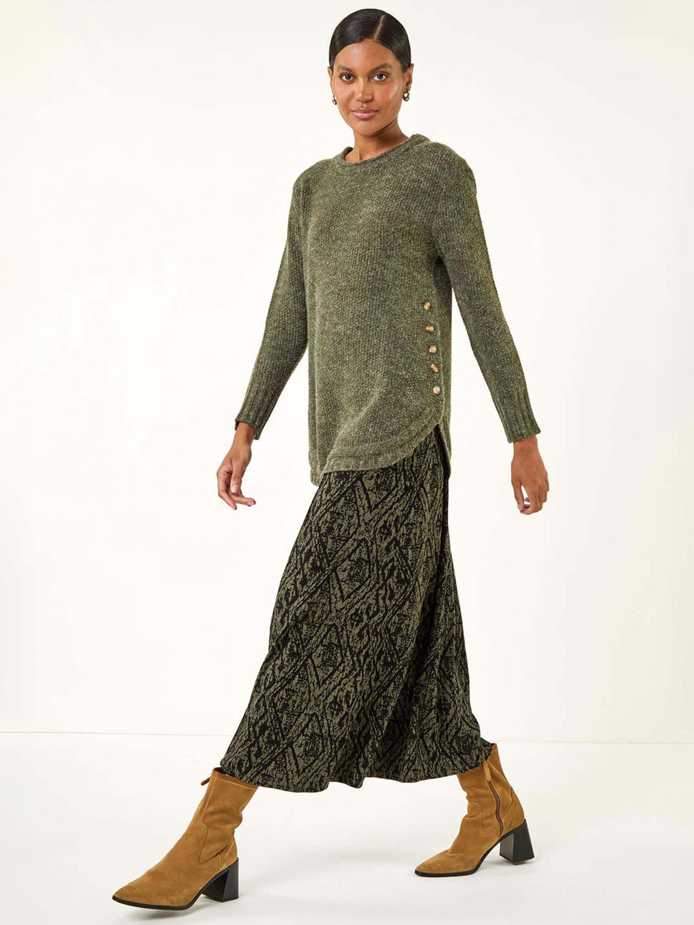 Image 3 of 5 of Roman Abstract Diamond Print Midi Skirt - Khaki