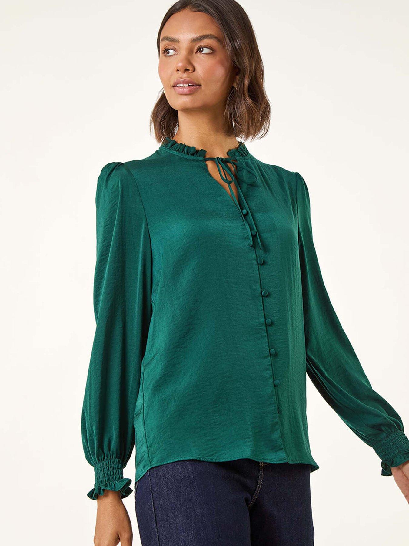 undefined Ruffle Front Tie Neck Blouse - Green
