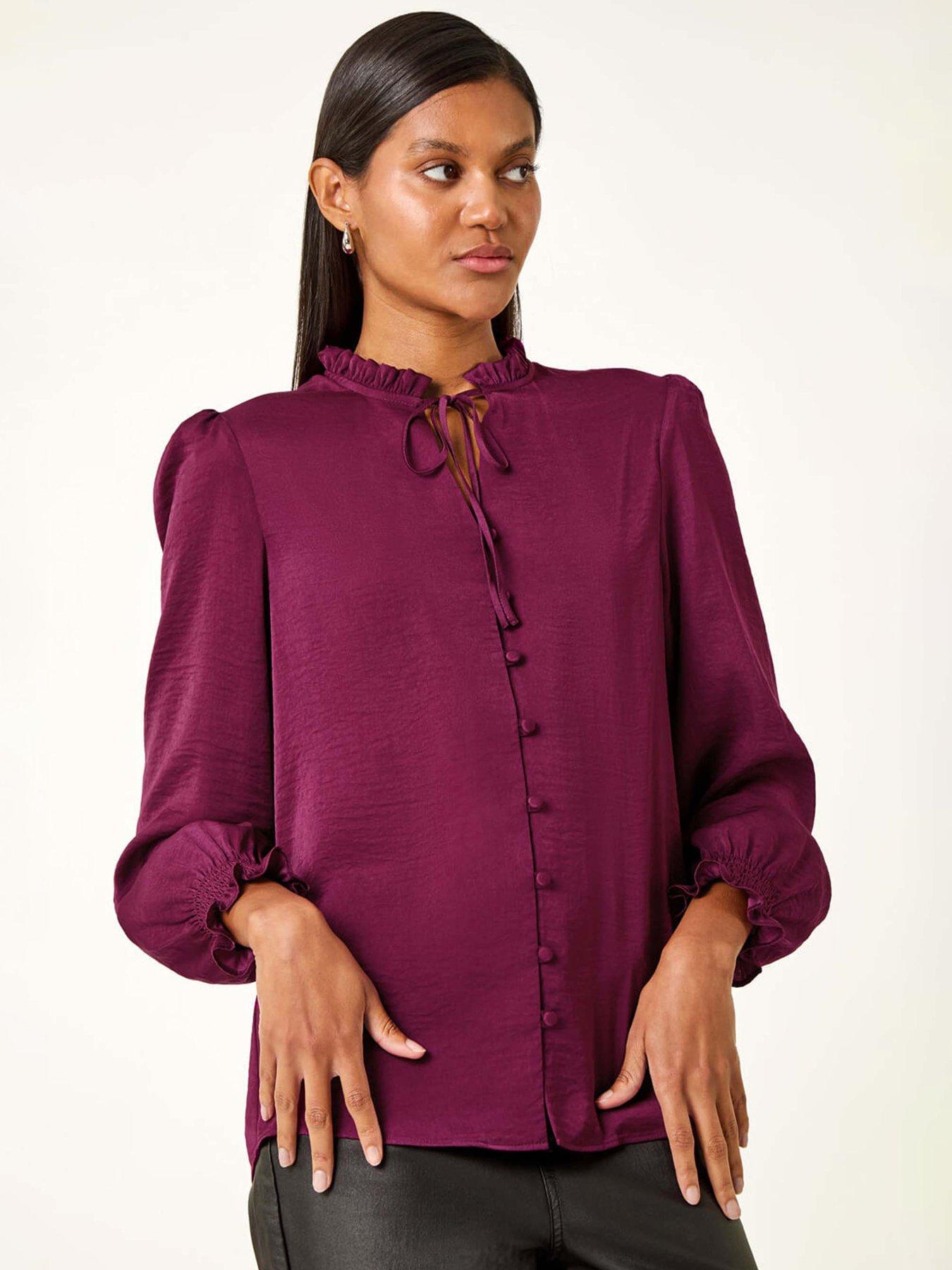 undefined Ruffle Front Tie Neck Blouse - Plum