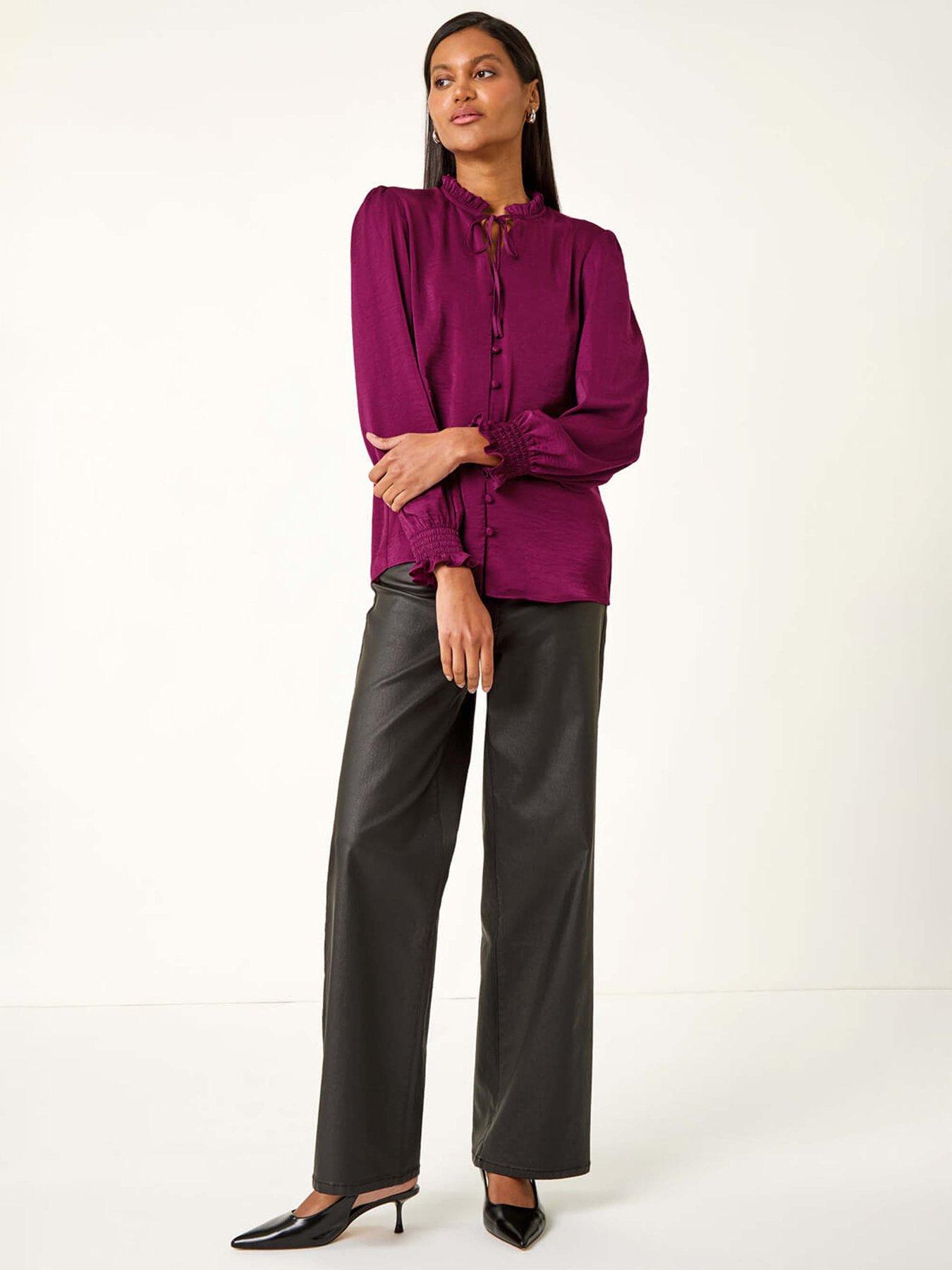 Image 3 of 5 of Roman Ruffle Front Tie Neck Blouse - Plum