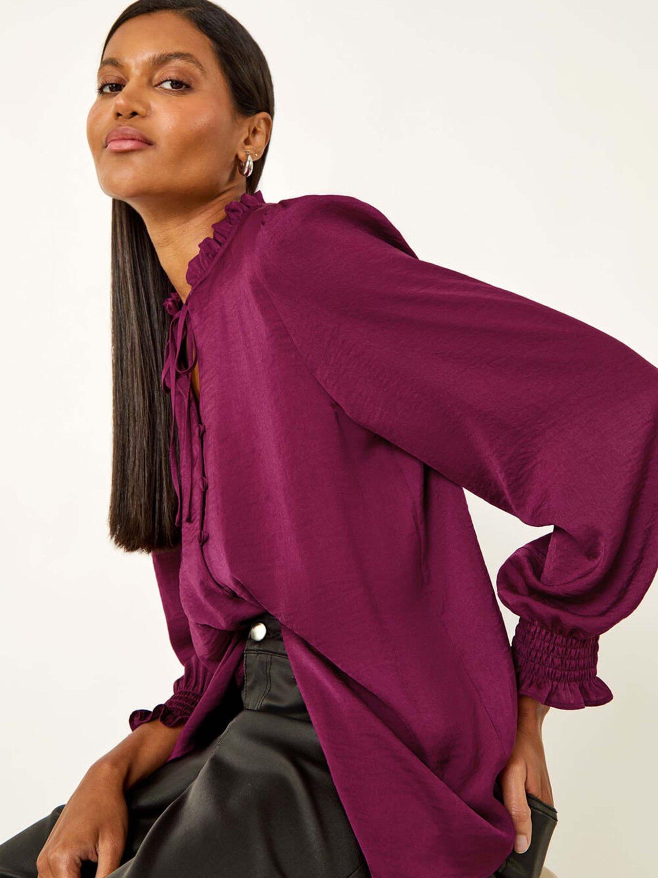 Image 4 of 5 of Roman Ruffle Front Tie Neck Blouse - Plum
