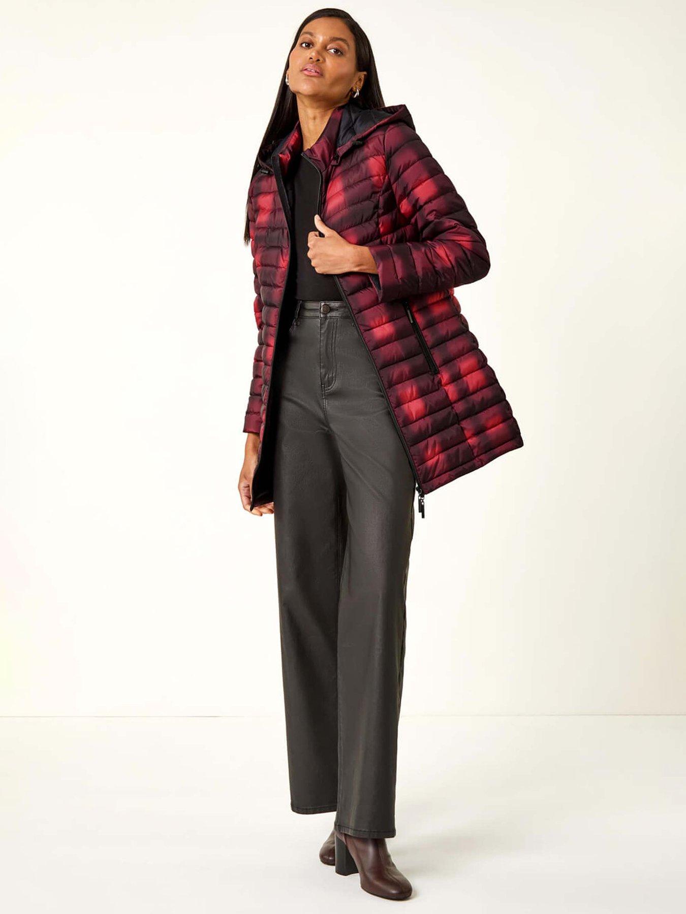 Roman Check Print Quilted Puffer Coat - Burgundy