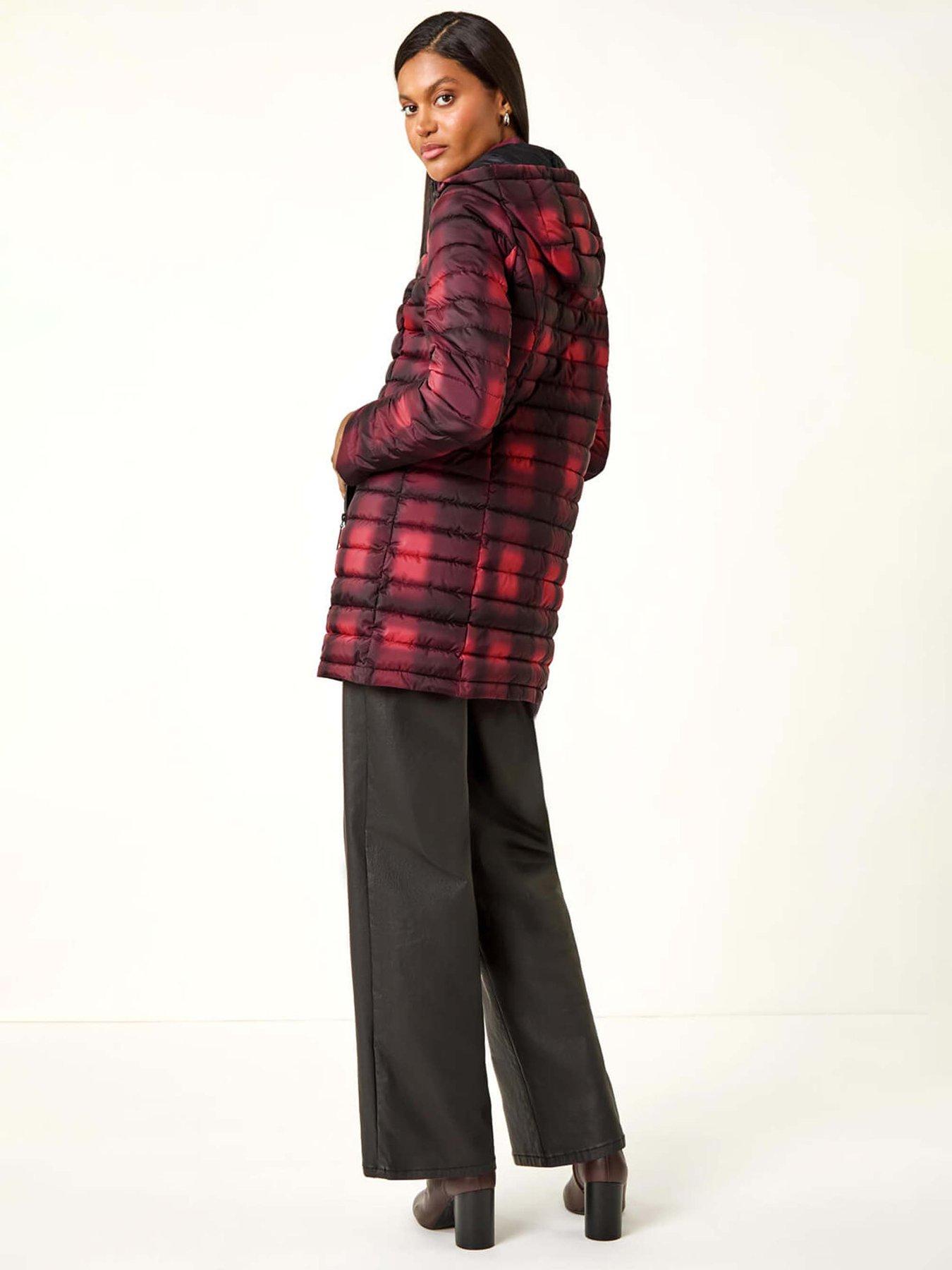  image of roman-check-print-quilted-puffer-coat-burgundy