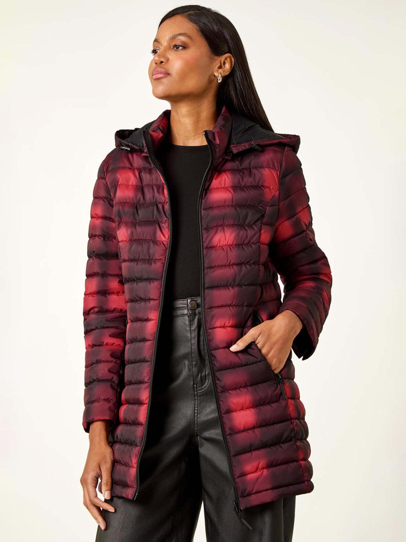  image of roman-check-print-quilted-puffer-coat-burgundy