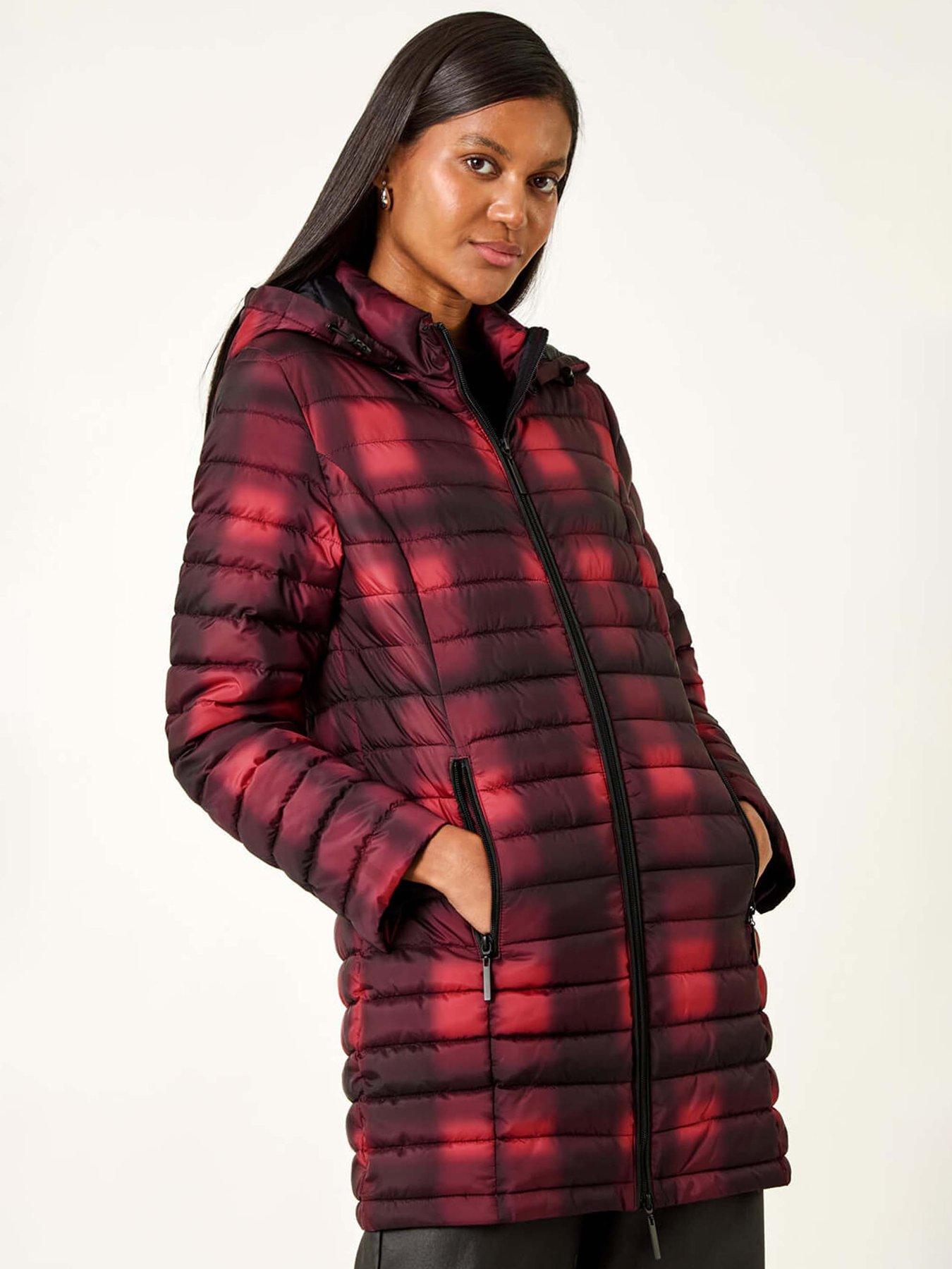  image of roman-check-print-quilted-puffer-coat-burgundy