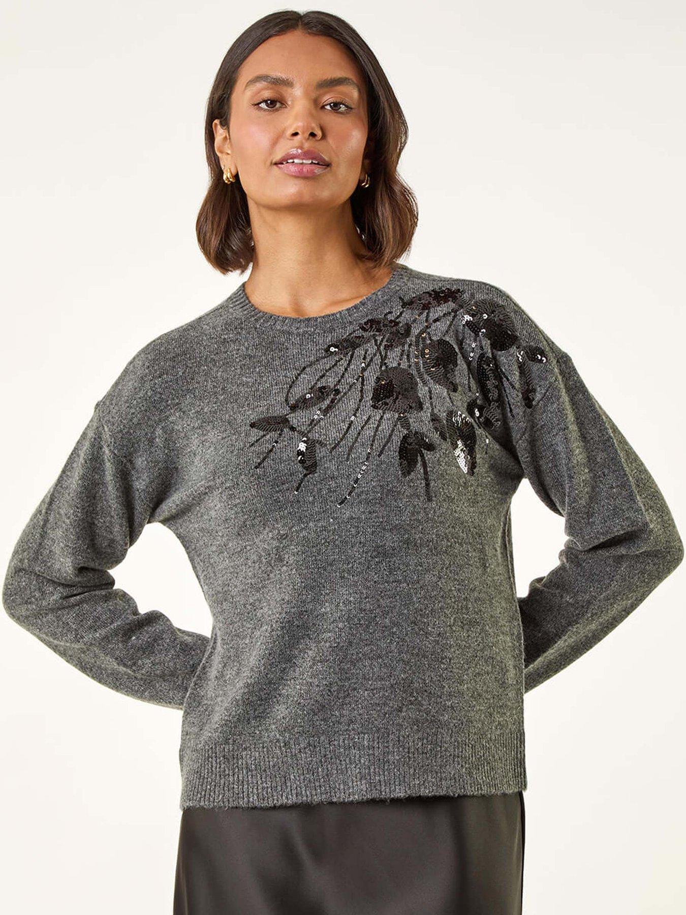 Roman Floral Sequin Knit Jumper - Dark Grey