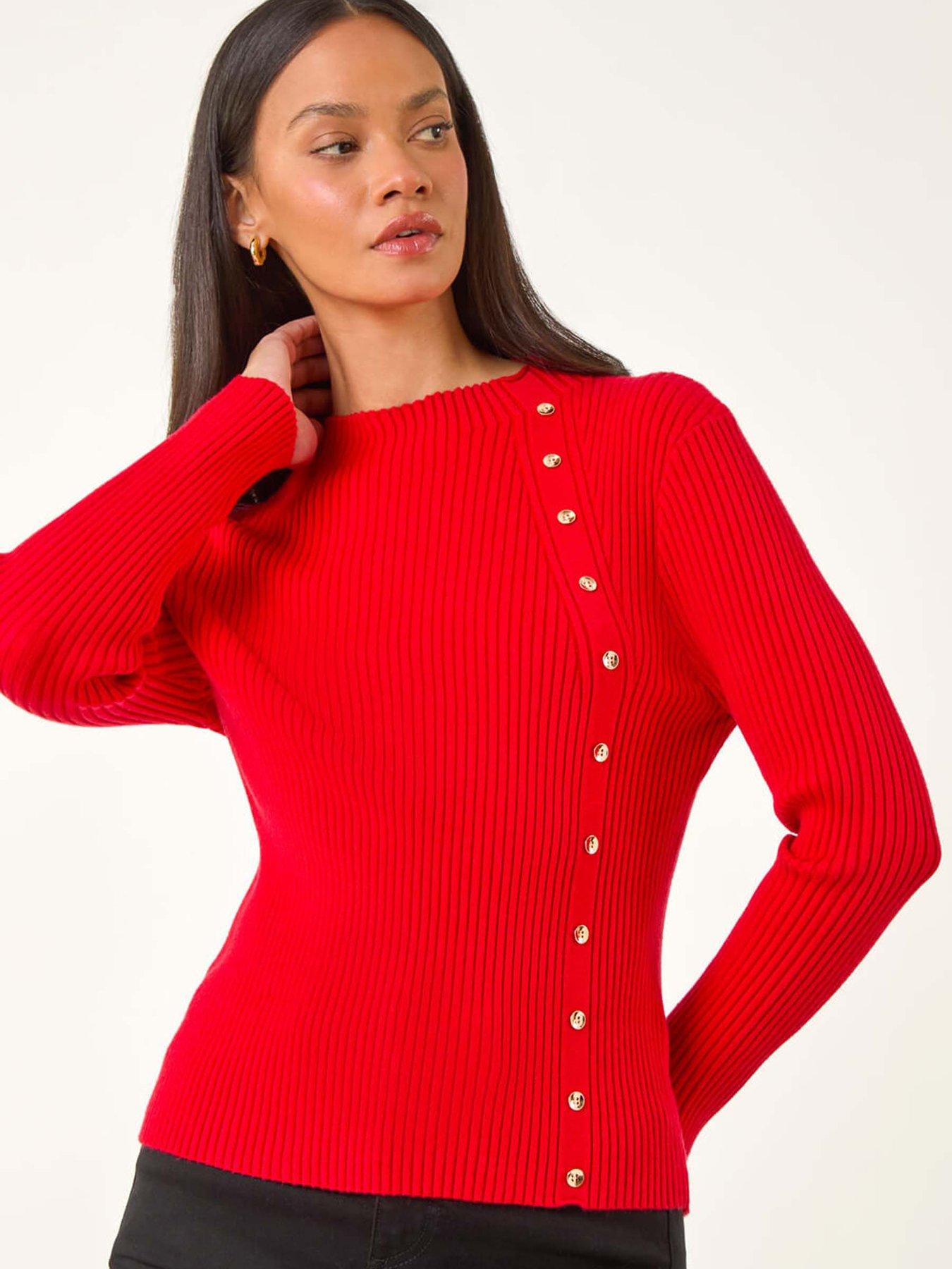 Roman Dusk High Neck Button Detail Rib Jumper - Red