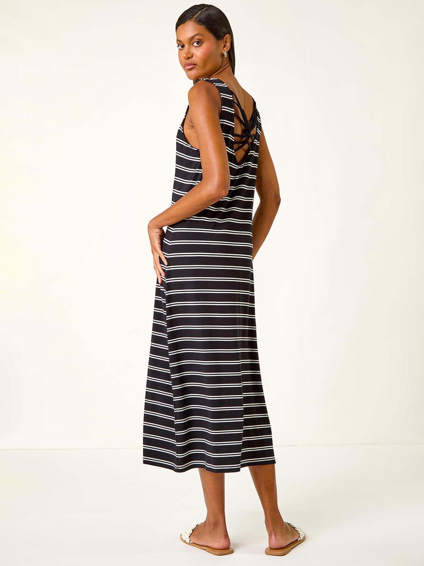 Image 2 of 5 of Roman Stripe Cross Back Stretch Maxi Dress - Black