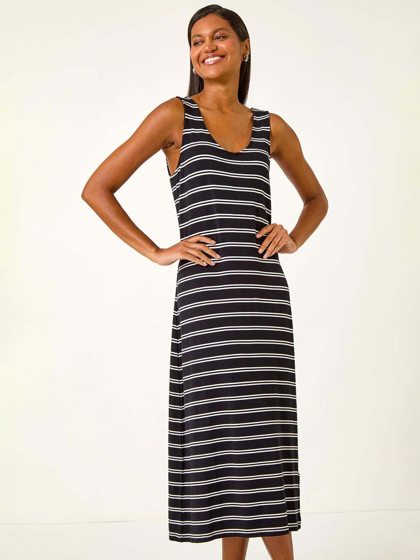 Image 3 of 5 of Roman Stripe Cross Back Stretch Maxi Dress - Black