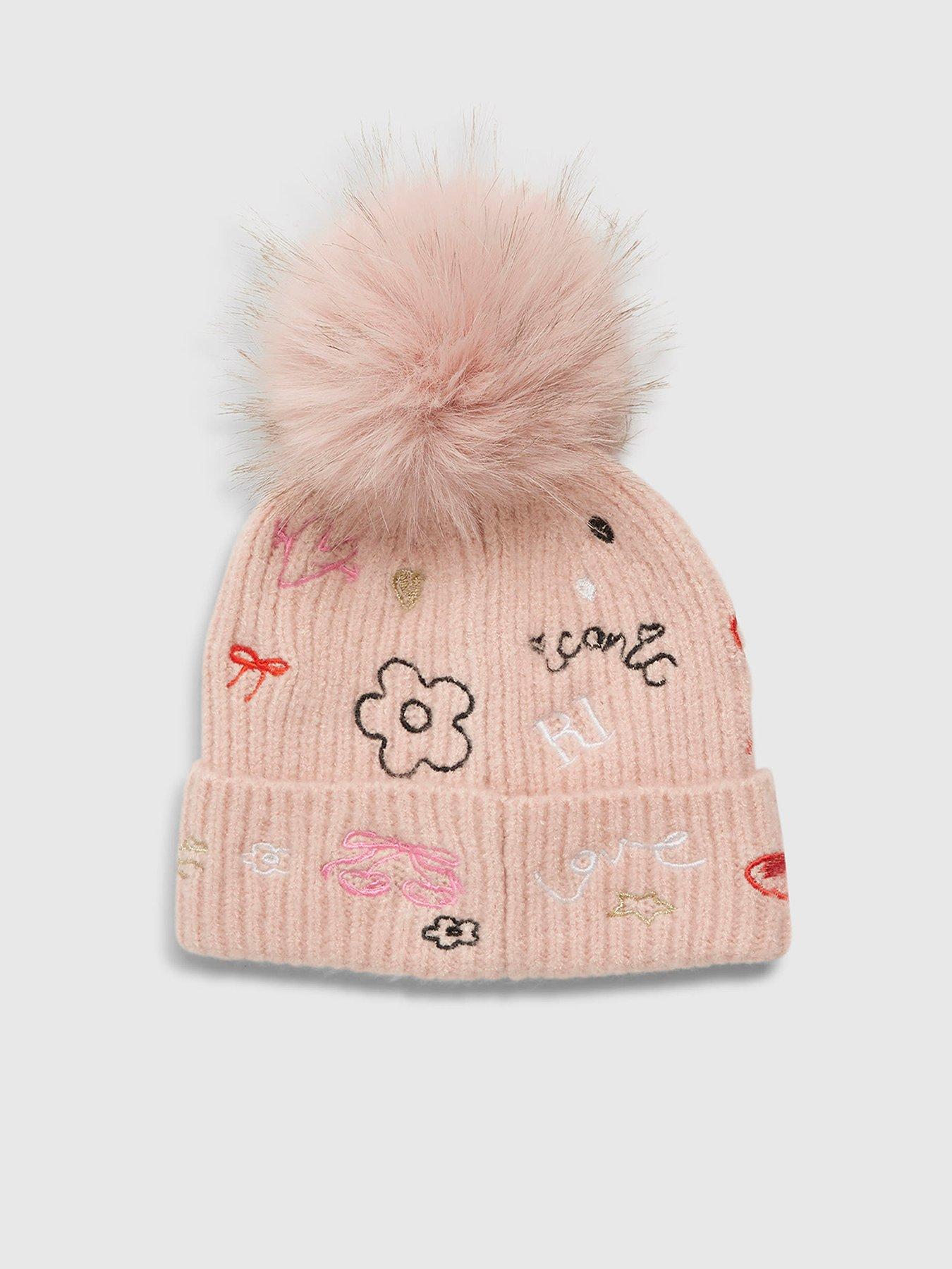 River Island Older Girls Doodle Pom Beanie Hat - Pink