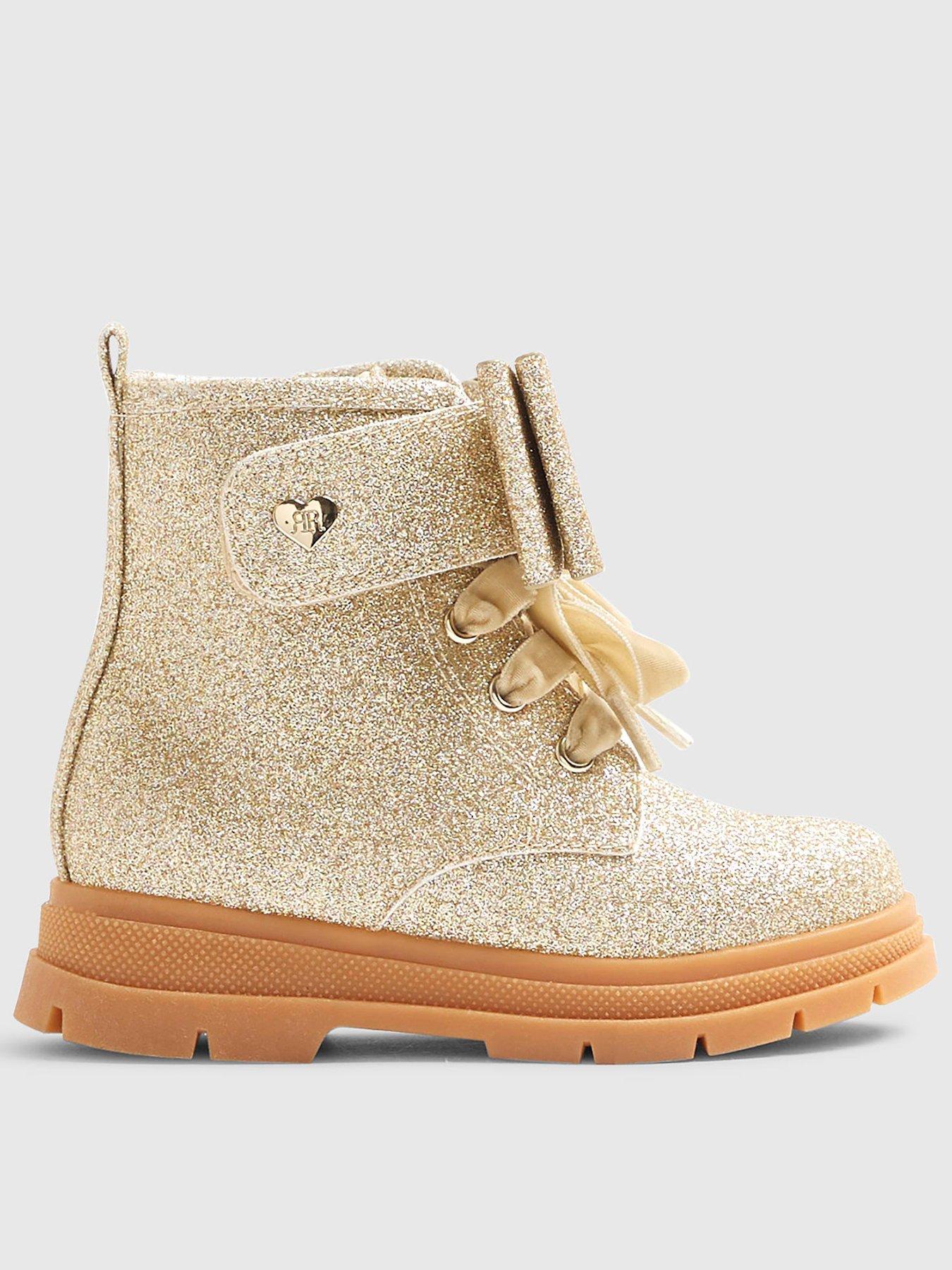River Island Mini Girls Glitter Bow Lace Up Boots - Gold