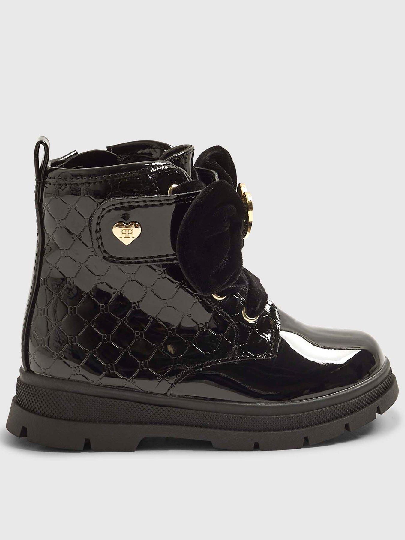 front image of river-island-mini-girls-patent-monogram-heart-boots-black