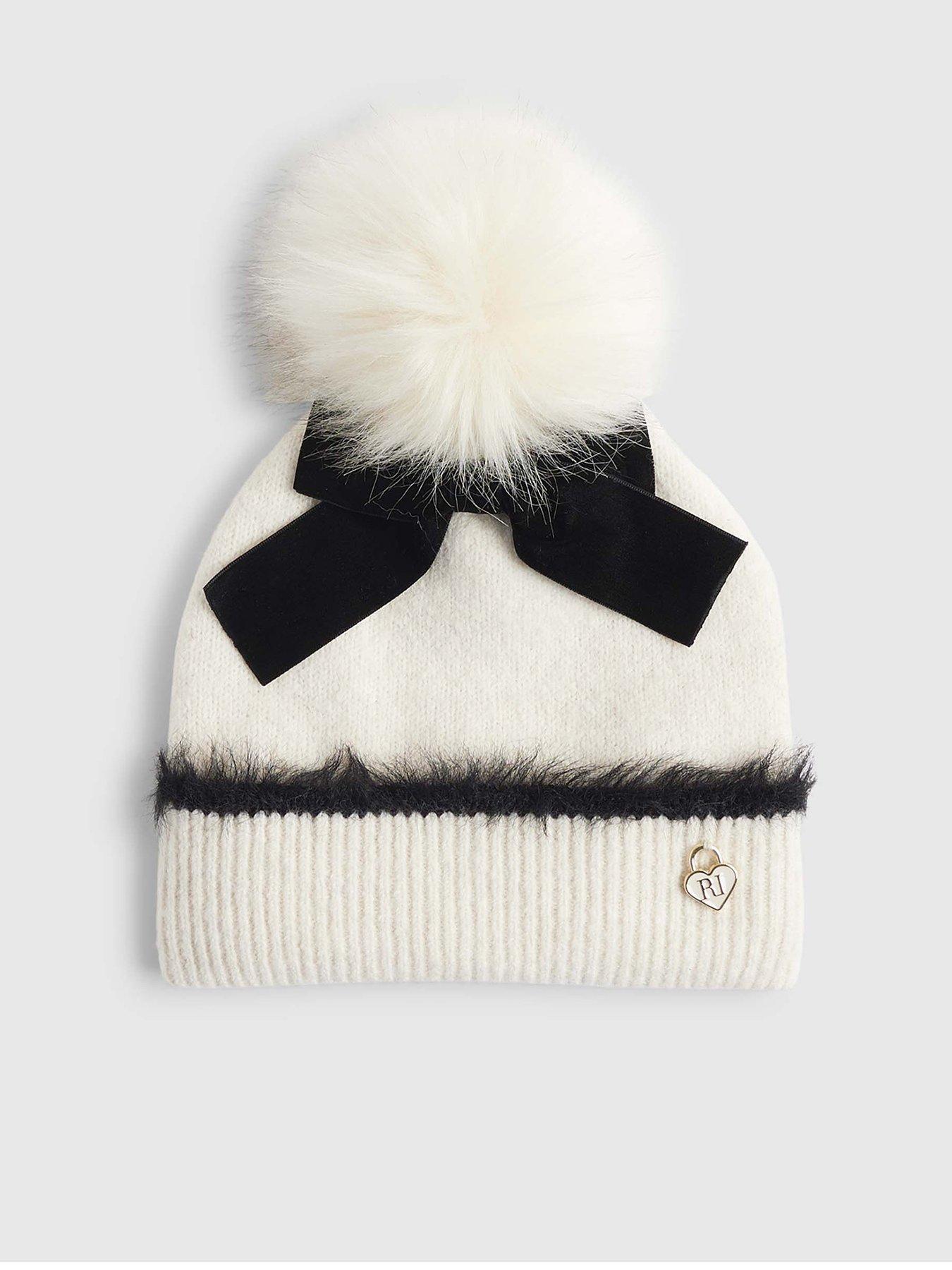 front image of river-island-older-girls-bow-beanie-hat-cream