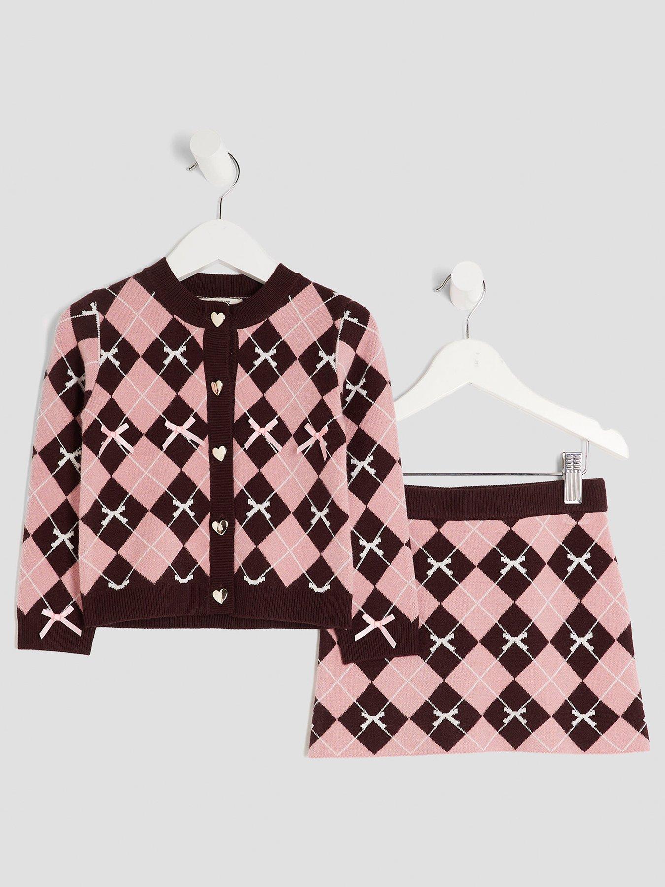 River Island Mini Girls Argyle Bow Cardigan Set - Pink