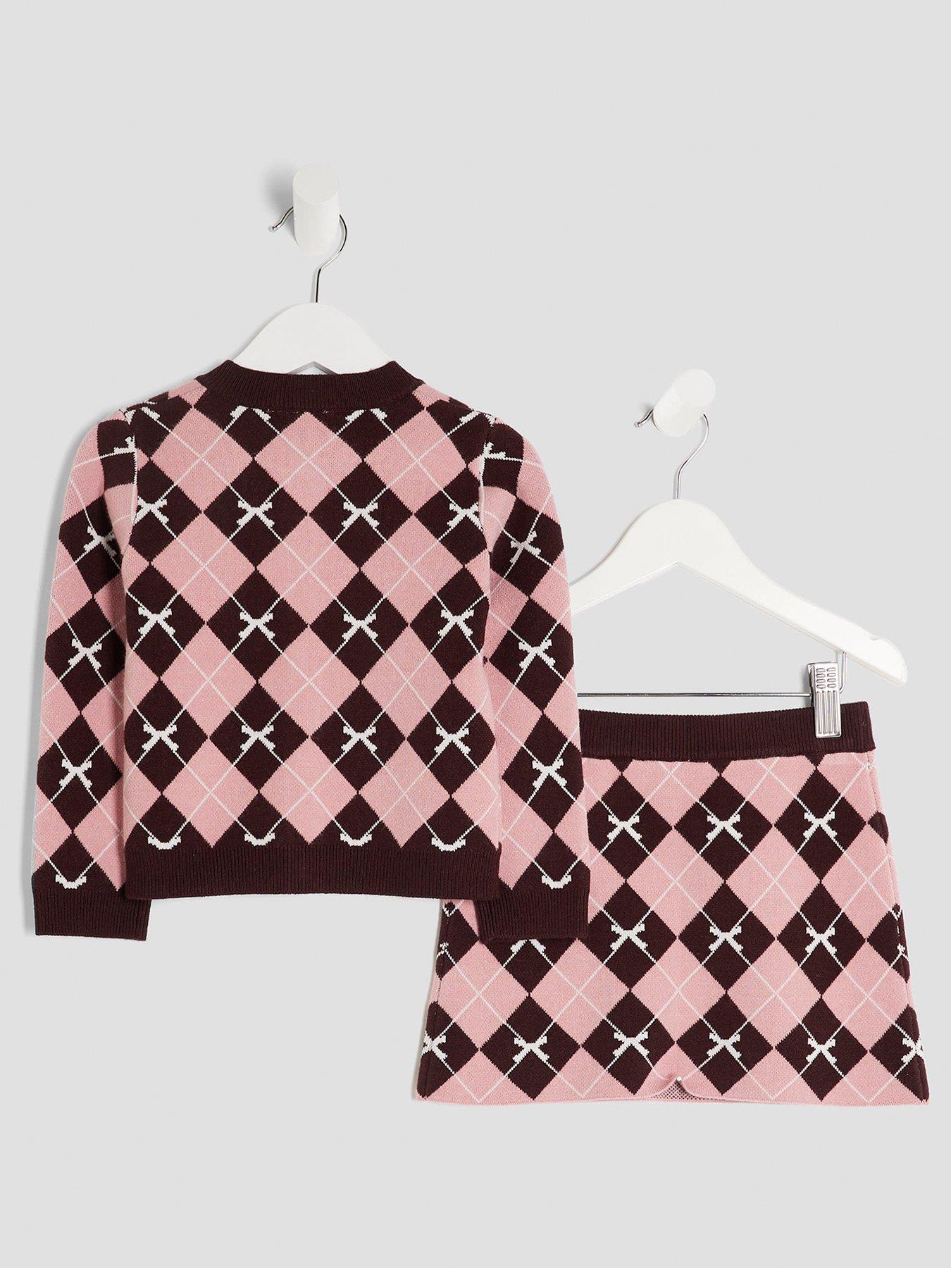  image of river-island-mini-girls-argyle-bow-cardigan-set-pink