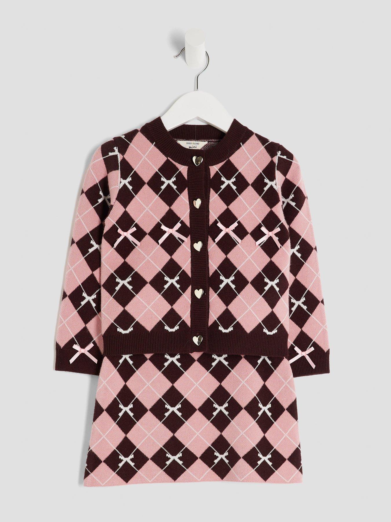  image of river-island-mini-girls-argyle-bow-cardigan-set-pink