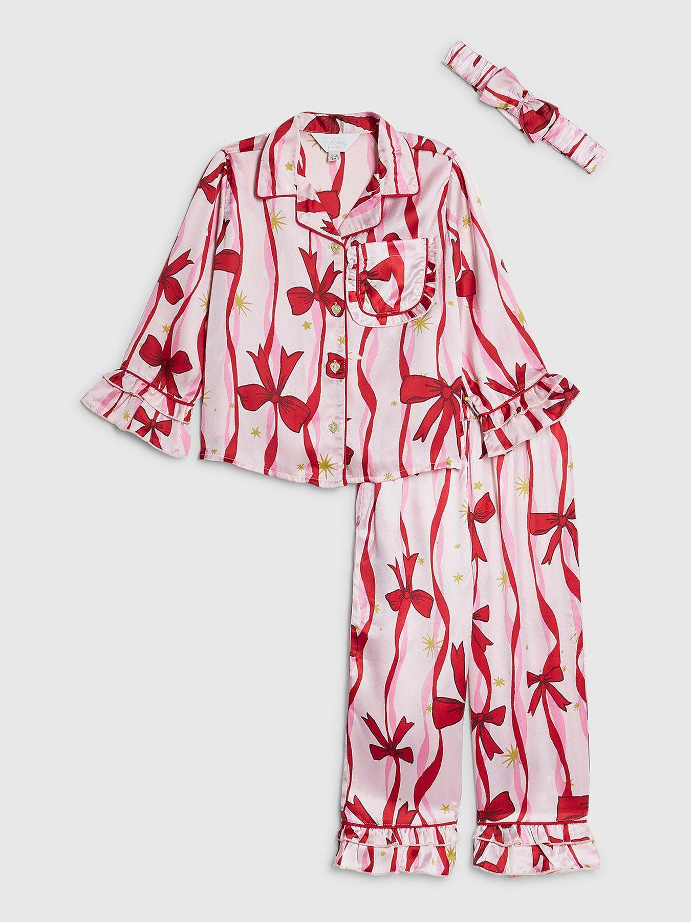  image of river-island-mini-girls-bow-print-satin-pyjamas-set-with-scrunchie-pink
