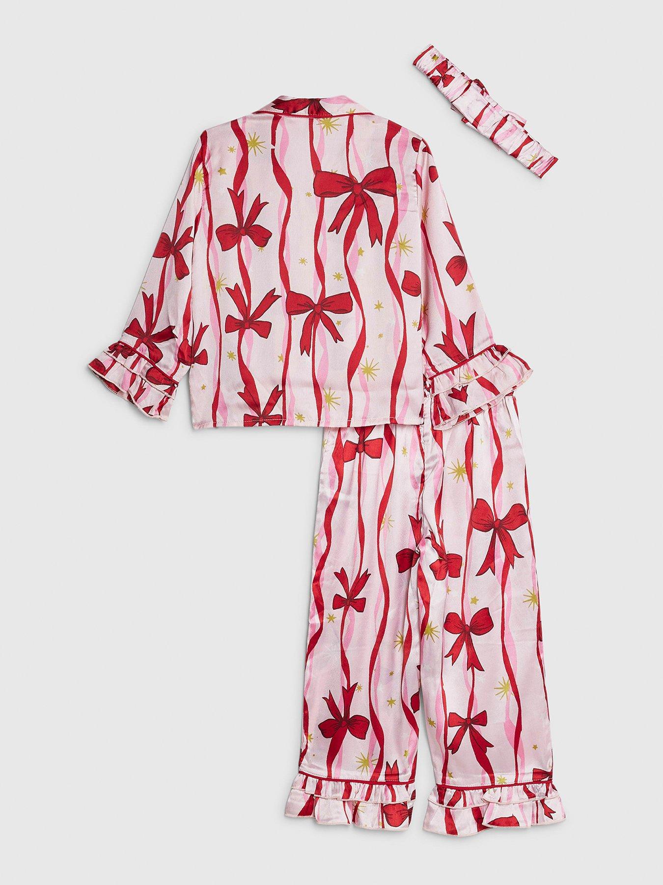  image of river-island-mini-girls-bow-print-satin-pyjamas-set-with-scrunchie-pink