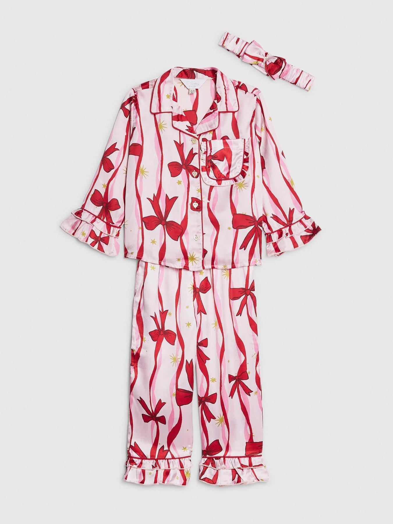  image of river-island-mini-girls-bow-print-satin-pyjamas-set-with-scrunchie-pink