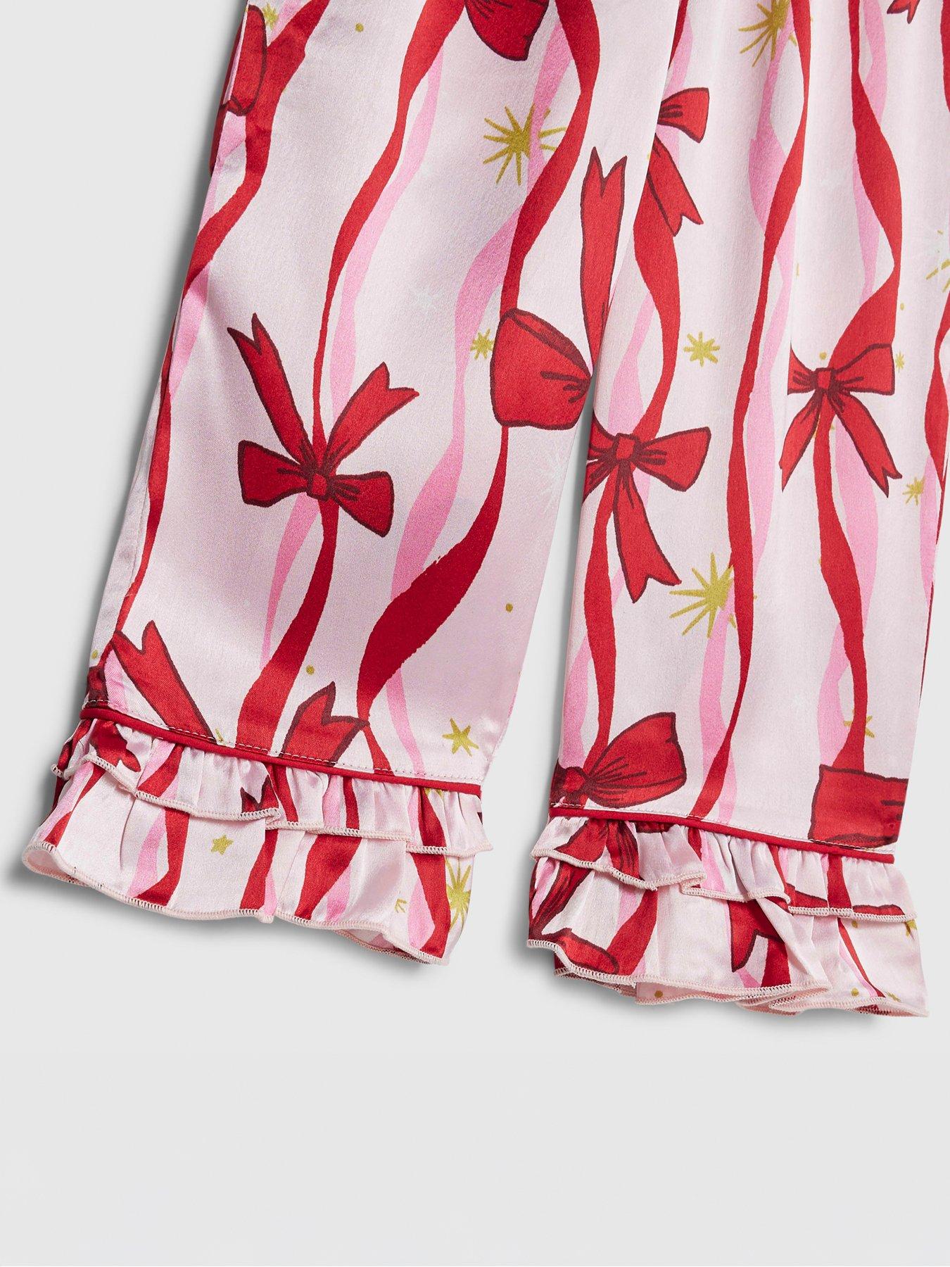  image of river-island-mini-girls-bow-print-satin-pyjamas-set-with-scrunchie-pink