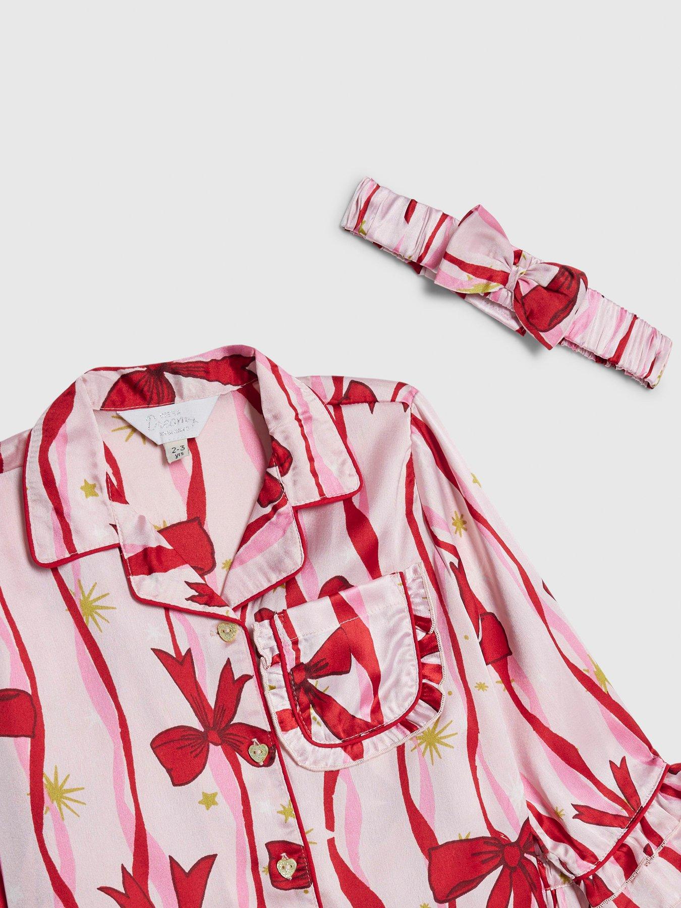 image of river-island-mini-girls-bow-print-satin-pyjamas-set-with-scrunchie-pink