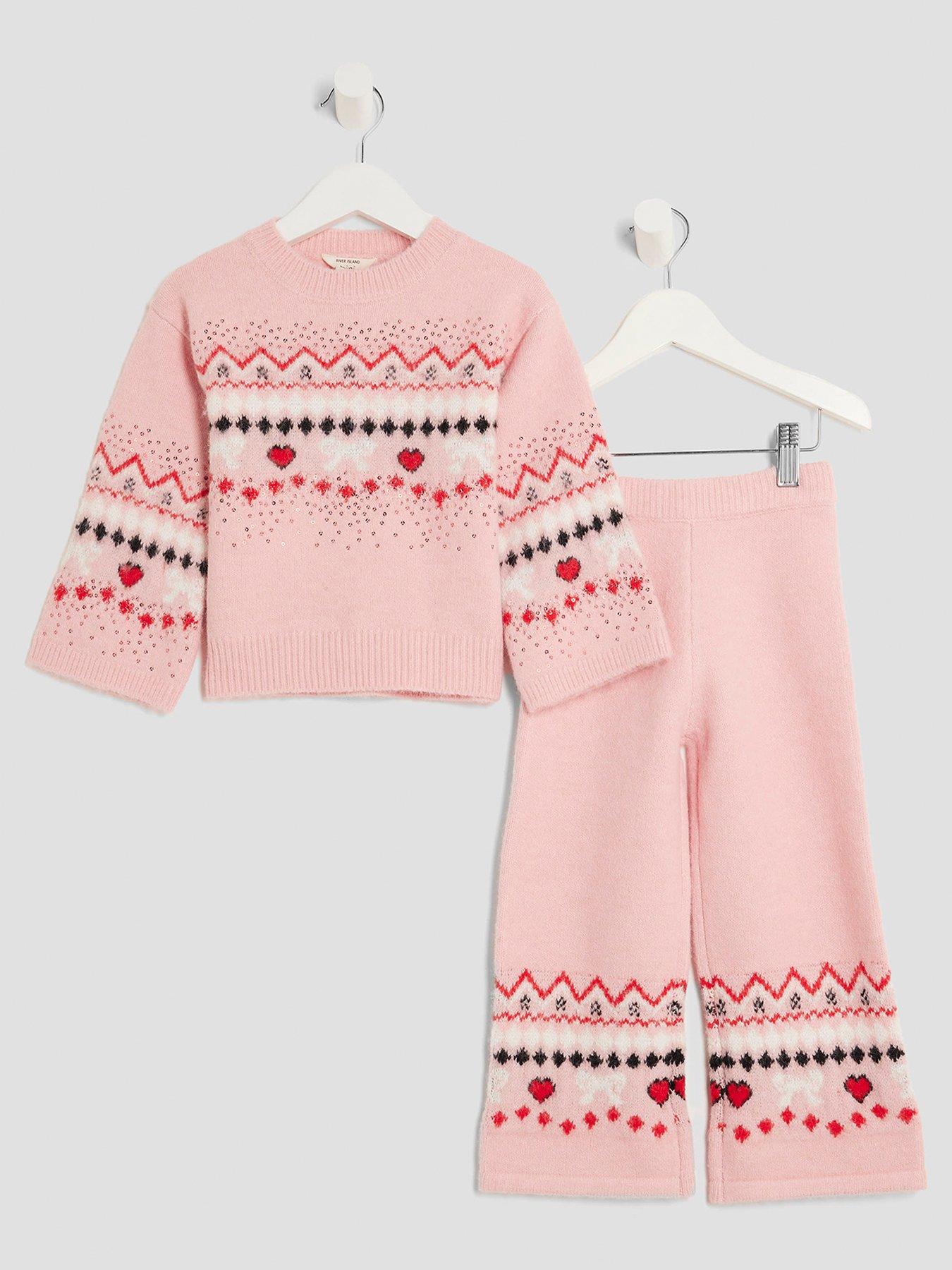 front image of river-island-mini-girls-fairisle-bow-jumper-set-light-pink