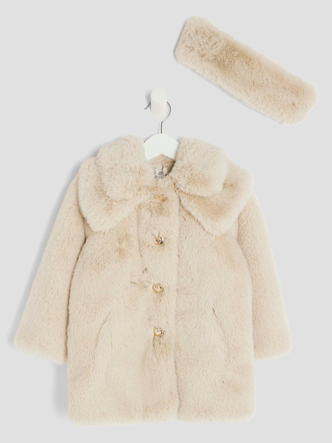 River Island Mini Girls Faux Fur Coat With Headband - Cream
