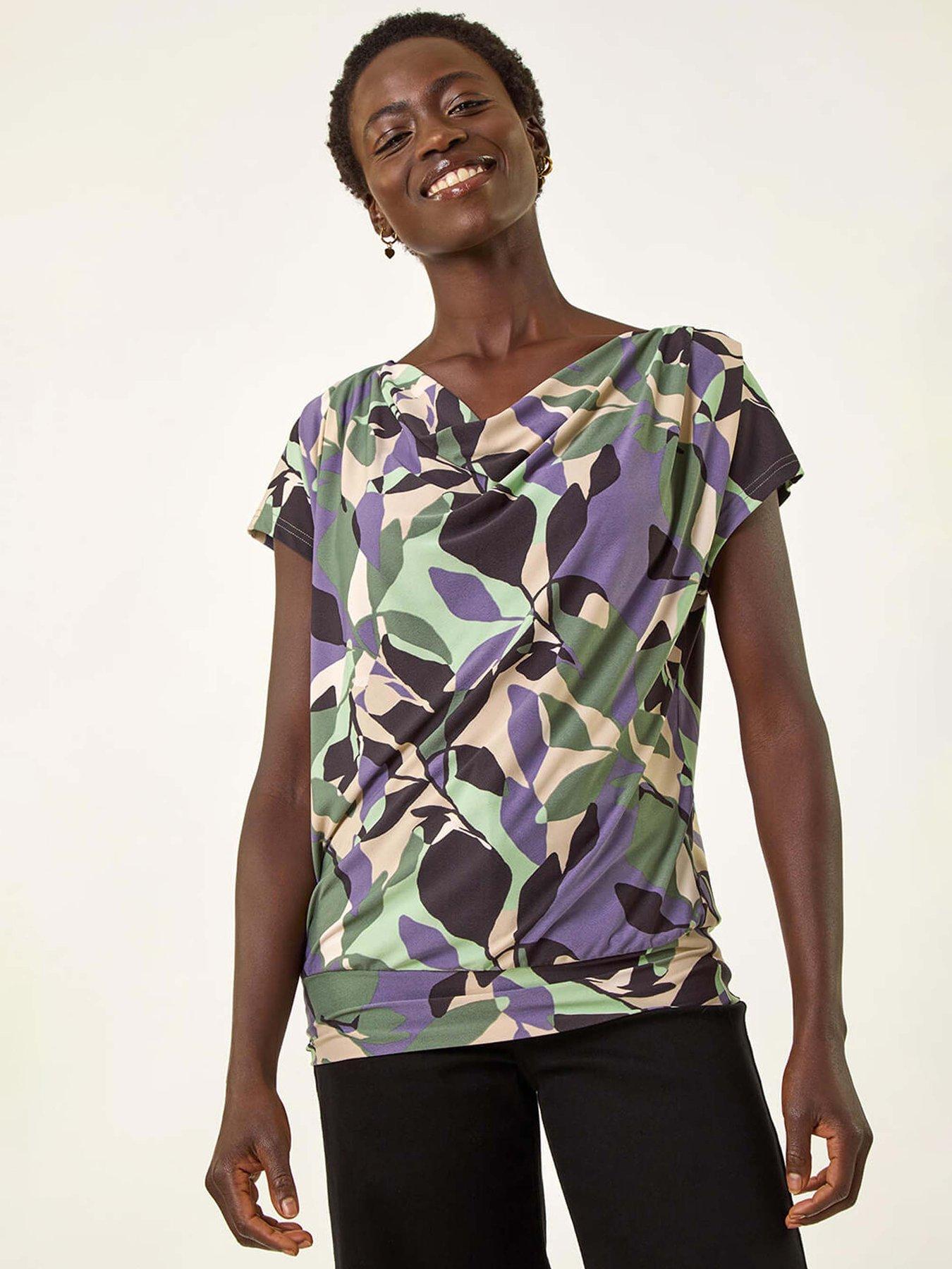 Image 1 of 5 of Roman Geometric Leaf Print Cowl Neck Top - Grey