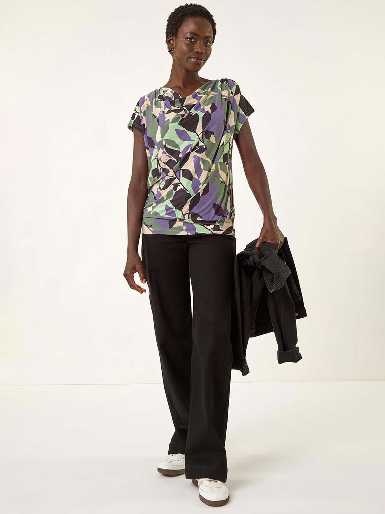 Image 3 of 5 of Roman Geometric Leaf Print Cowl Neck Top - Grey