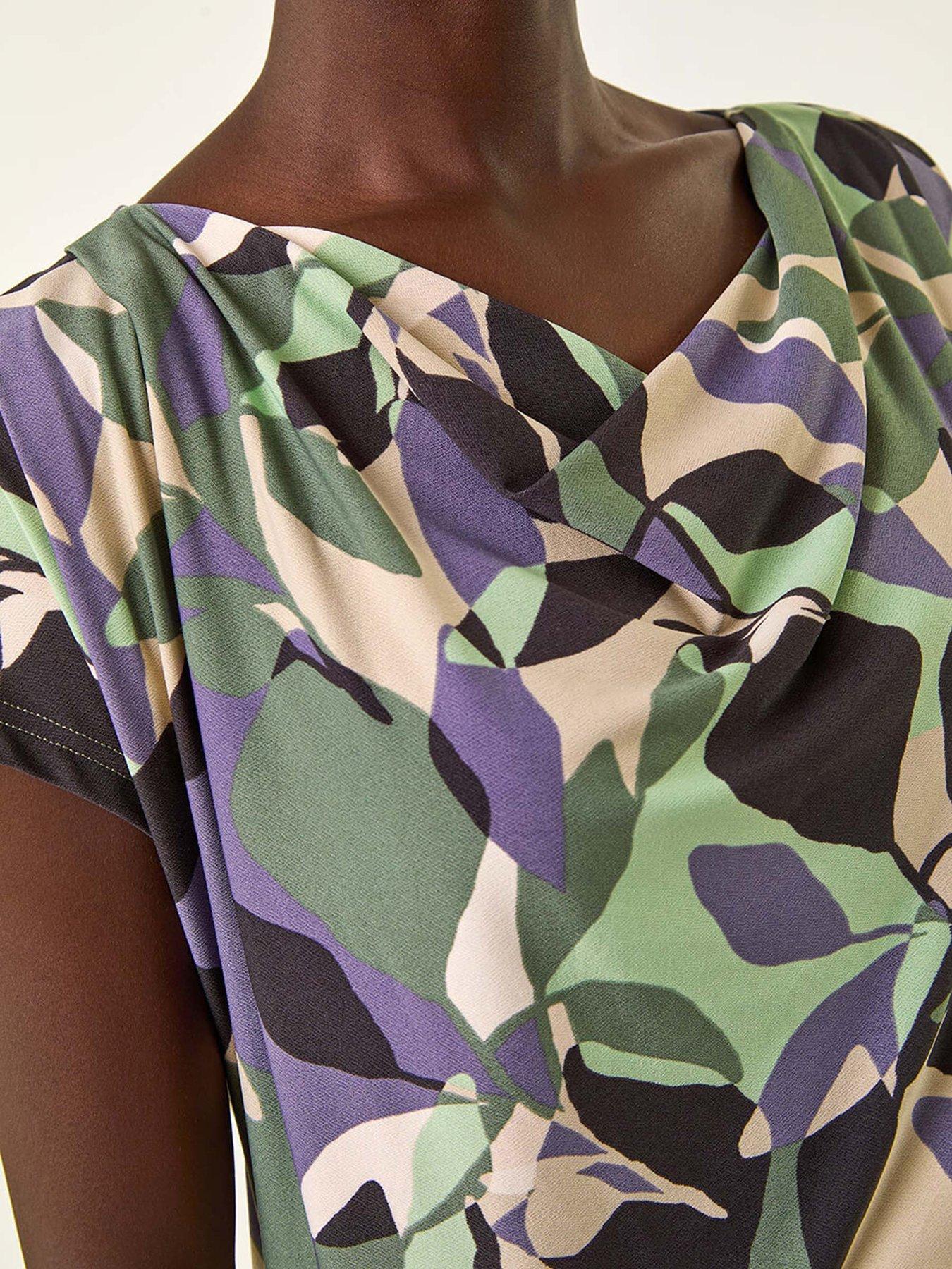 Image 5 of 5 of Roman Geometric Leaf Print Cowl Neck Top - Grey