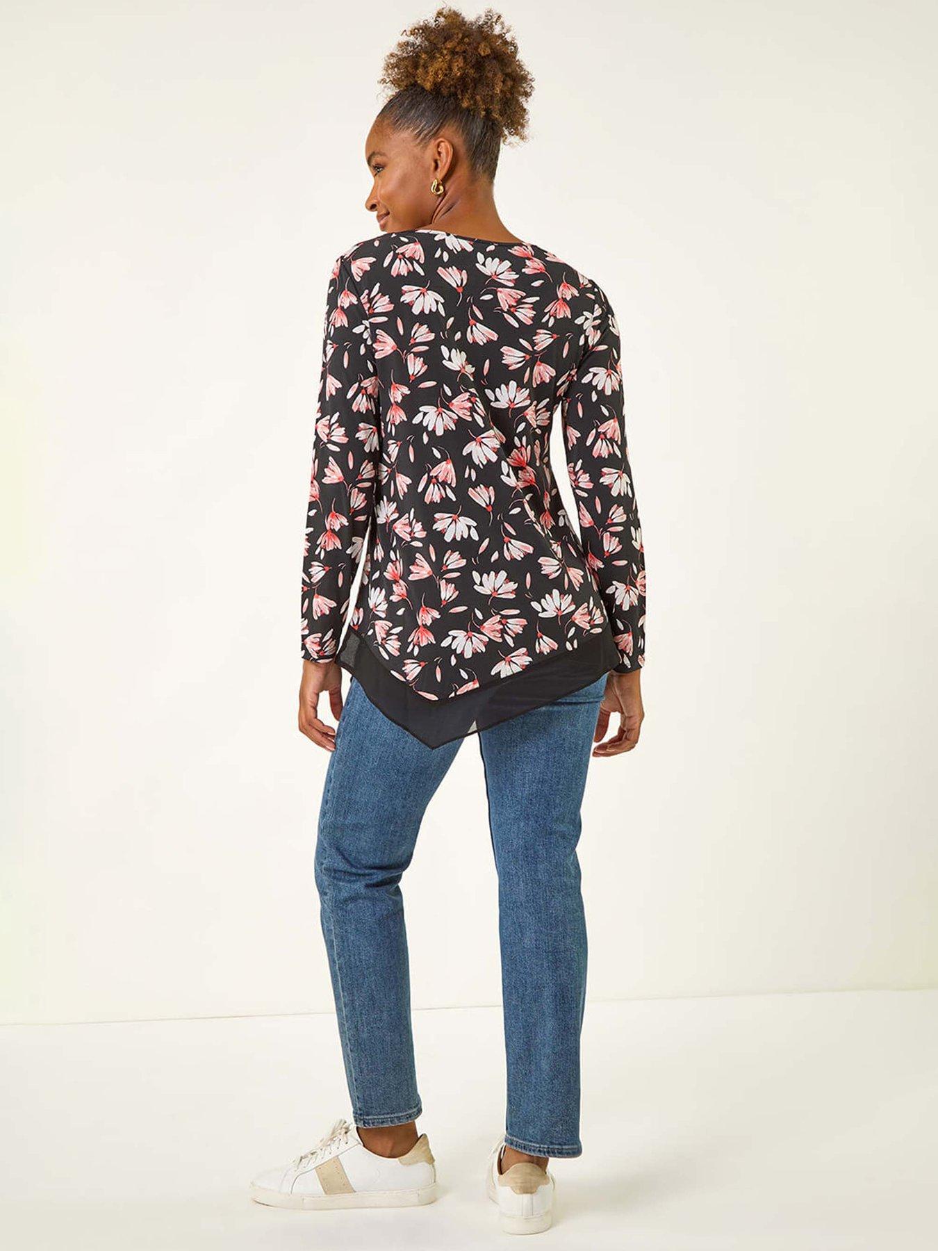 Image 2 of 5 of Roman Floral Puff Print Stretch Top - Coral