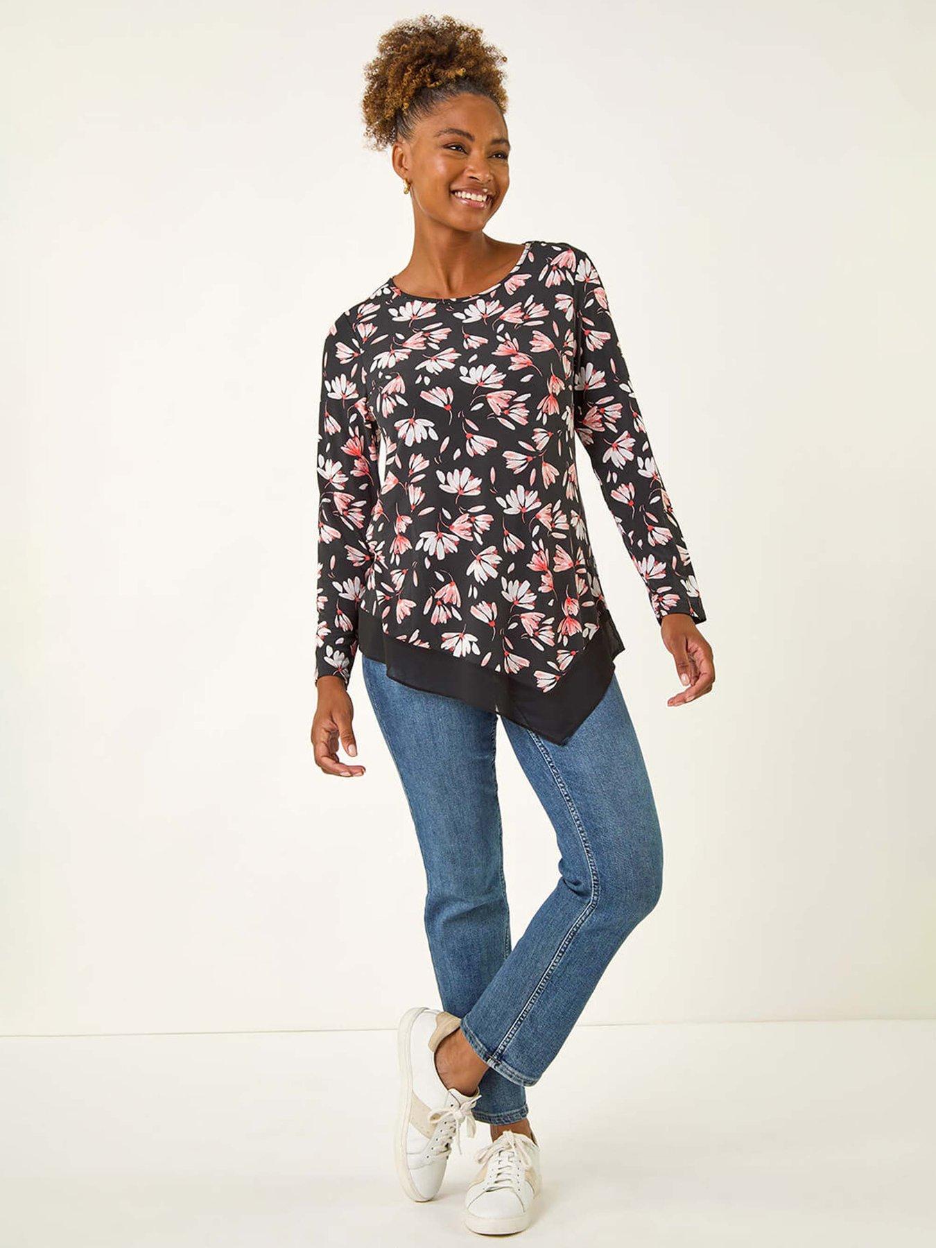 Image 3 of 5 of Roman Floral Puff Print Stretch Top - Coral