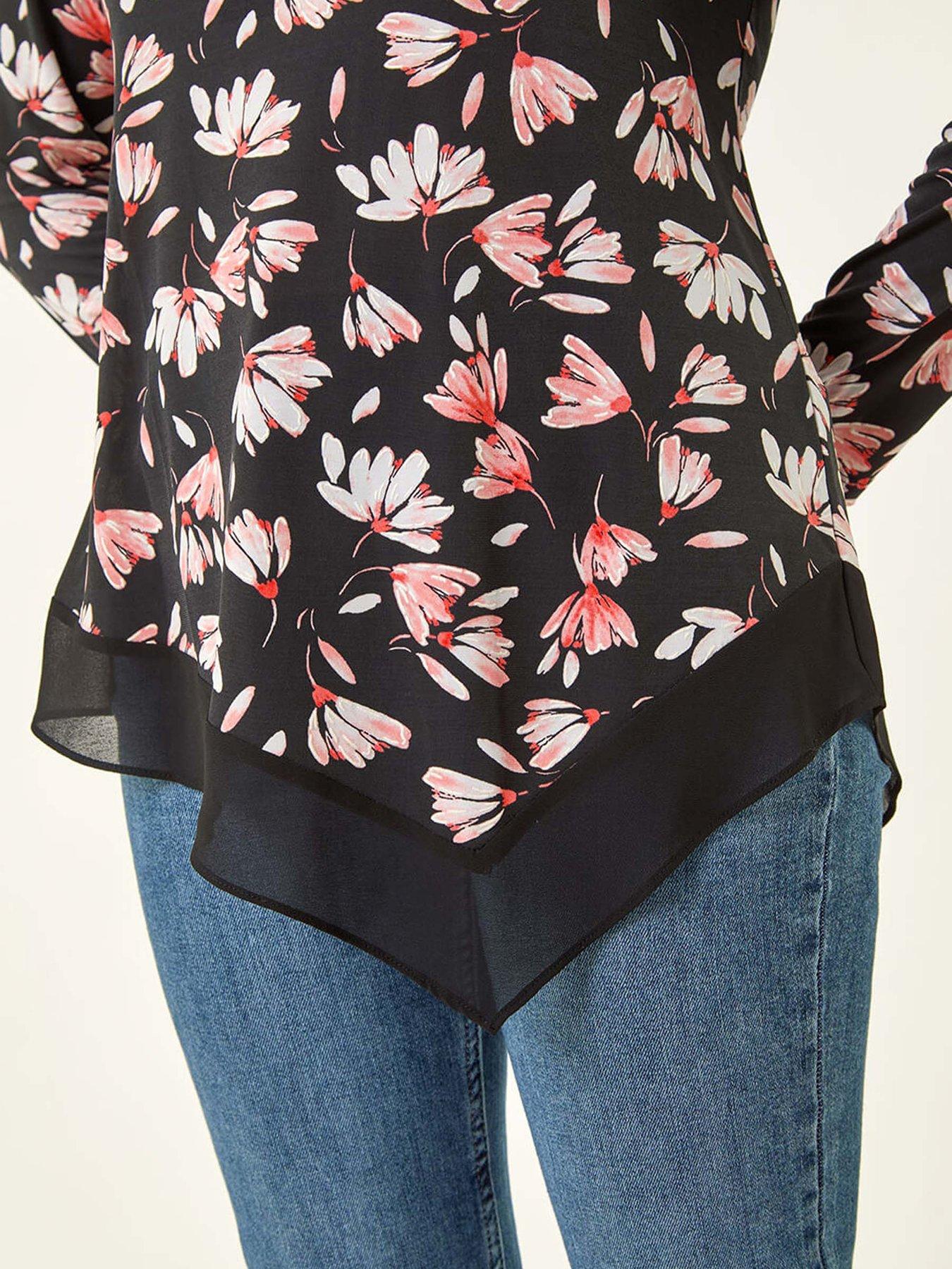Image 5 of 5 of Roman Floral Puff Print Stretch Top - Coral