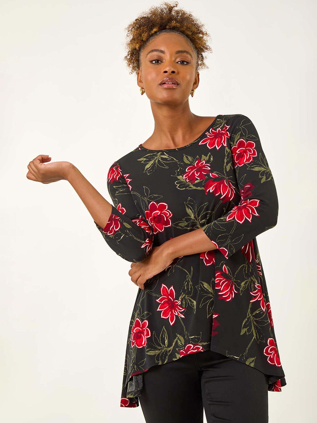 undefined Floral Puff Print Tunic Top - Red